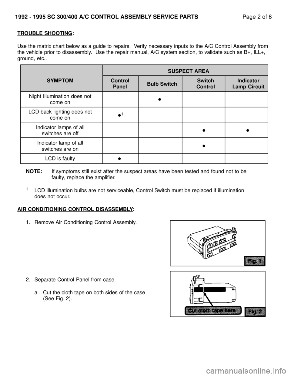 LEXUS SC400 1991  Service Repair Manual 
TROUBLE SHOOTING:
Use the matrix chart below as a guide to repairs.  Verify necessary inputs to the A/C Control Assembly from
the vehicle prior to disassembly.  Use the repair manual, A/C system sect