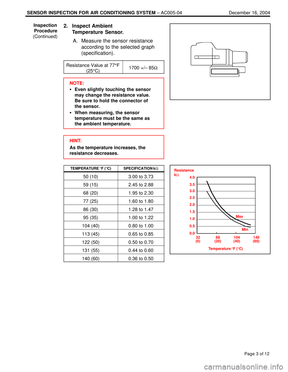LEXUS SC400 1991  Service Repair Manual 
SENSOR INSPECTION FOR AIR CONDITIONING SYSTEM ± AC005-04 December 16, 2004
Page 3 of 12
2. Inspect Ambient 
Temperature Sensor.
A. Measure the sensor resistance according to the selected graph
(spec