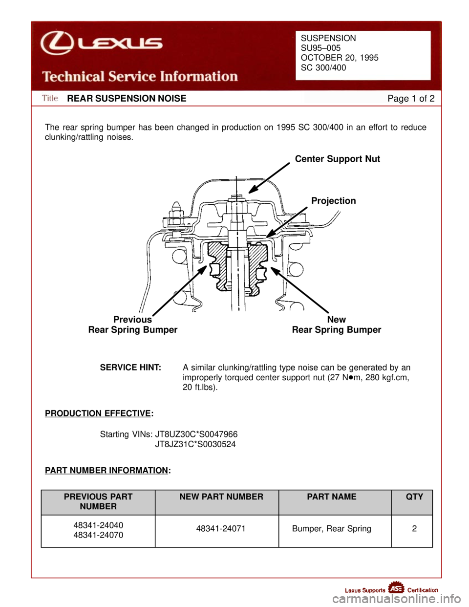 LEXUS SC400 1991  Service Repair Manual 
REAR SUSPENSION NOISEPage 1 of 2
PREVIOUS PART
NUMBER
48341-24040
48341-24070
Center Support Nut
Projection
New
Rear Spring Bumper
Previous
Rear Spring Bumper
SUSPENSION
SU95±005
OCTOBER 20, 1995
SC