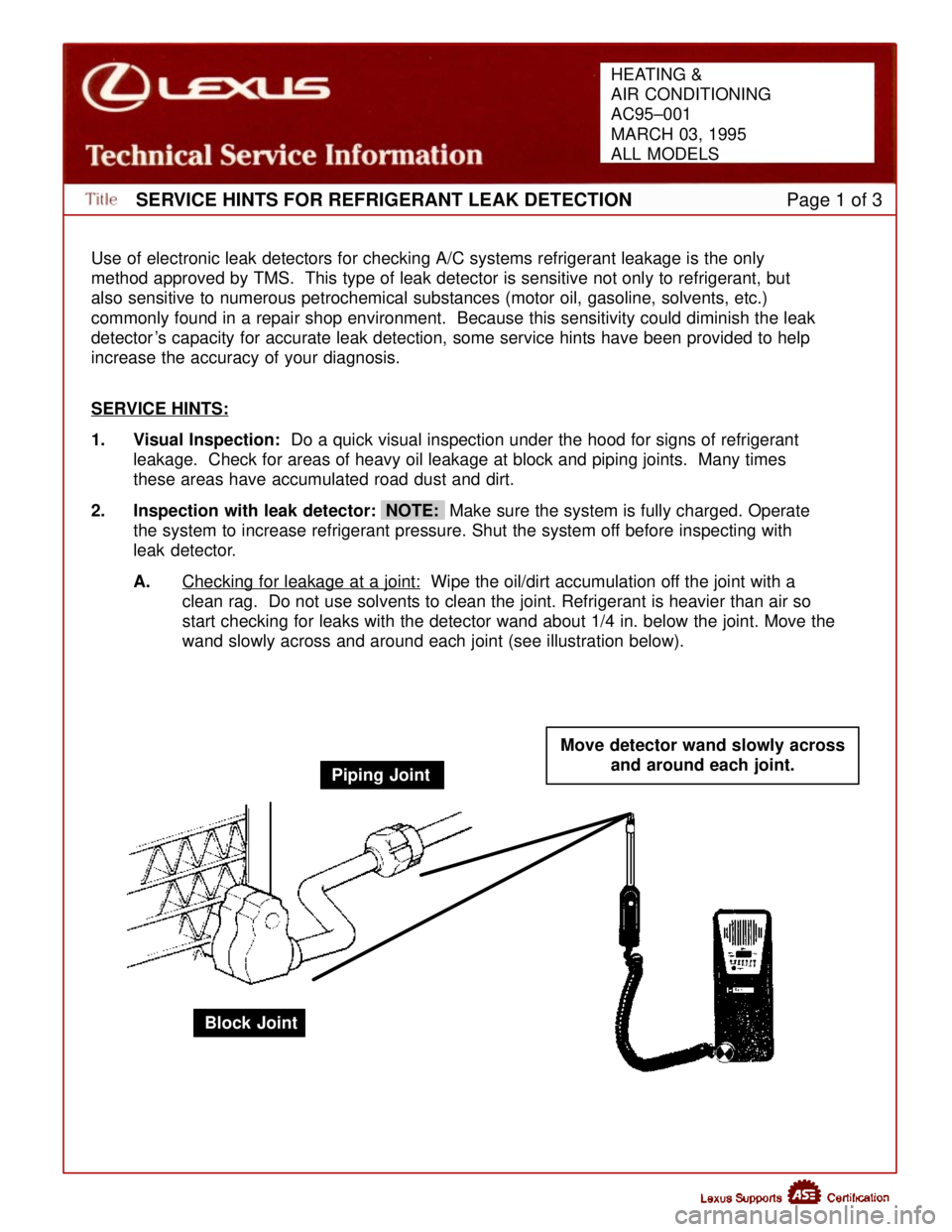 LEXUS SC400 1991  Service Repair Manual 
SERVICE HINTS FOR REFRIGERANT LEAK DETECTIONPage 1 of 3
Use of electronic leak detectors for checking A/C systems refrigerant leaka\
ge is the only
method approved by TMS.  This type of leak detector