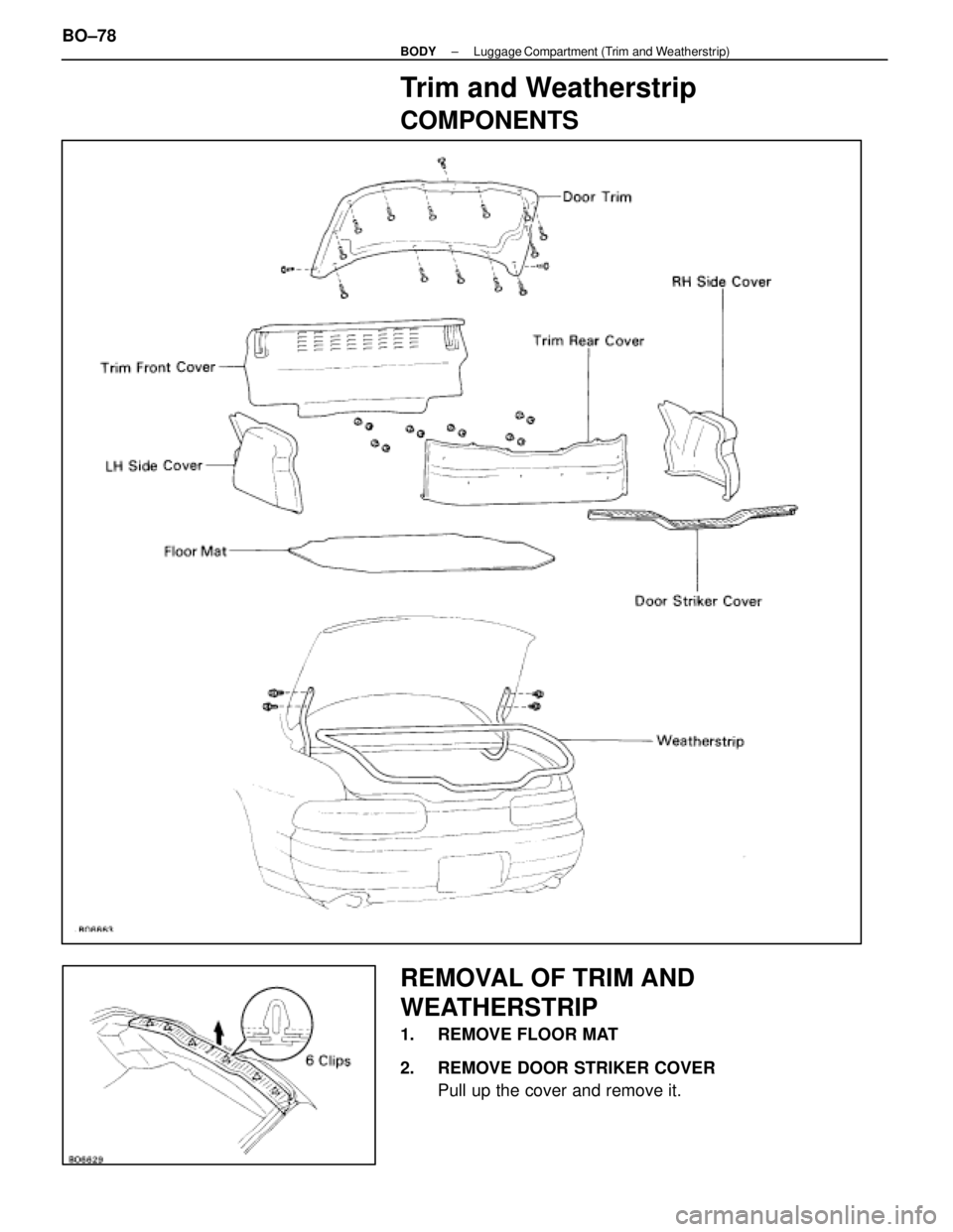 LEXUS SC400 1991  Service Repair Manual 
Trim and Weatherstrip
COMPONENTS
REMOVAL OF TRIM AND
WEATHERSTRIP
1.  REMOVE FLOOR MAT
2.  REMOVE DOOR STRIKER COVERPull up the cover and remove it.
BO±78
±
BODY Luggage Compartment (Trim and W eat