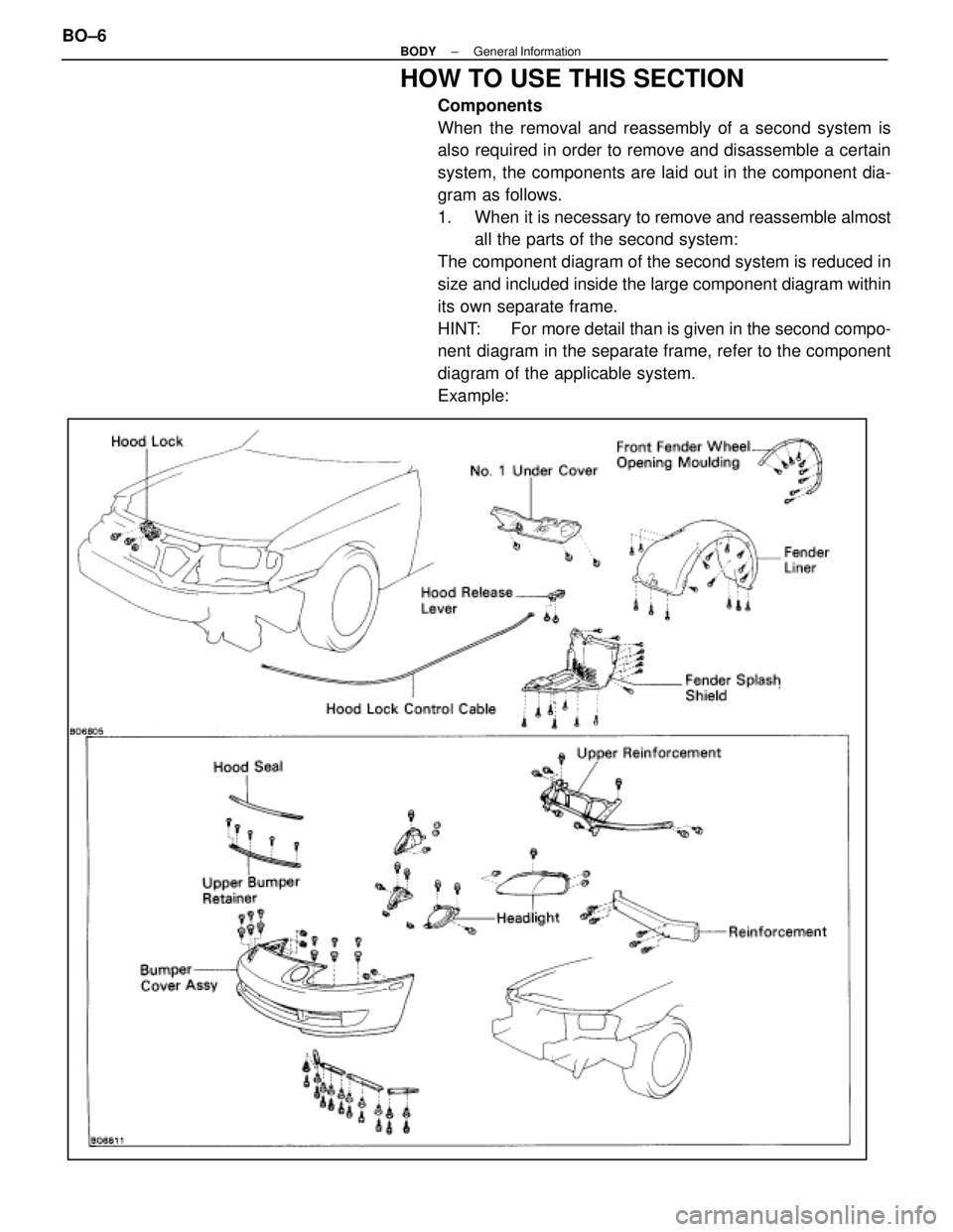 LEXUS SC400 1991  Service Repair Manual 
HOW TO USE THIS SECTION
Components
When the removal and reassembly of a second system is
also required in order to remove and disassemble a certain
system, the components are laid out in the componen