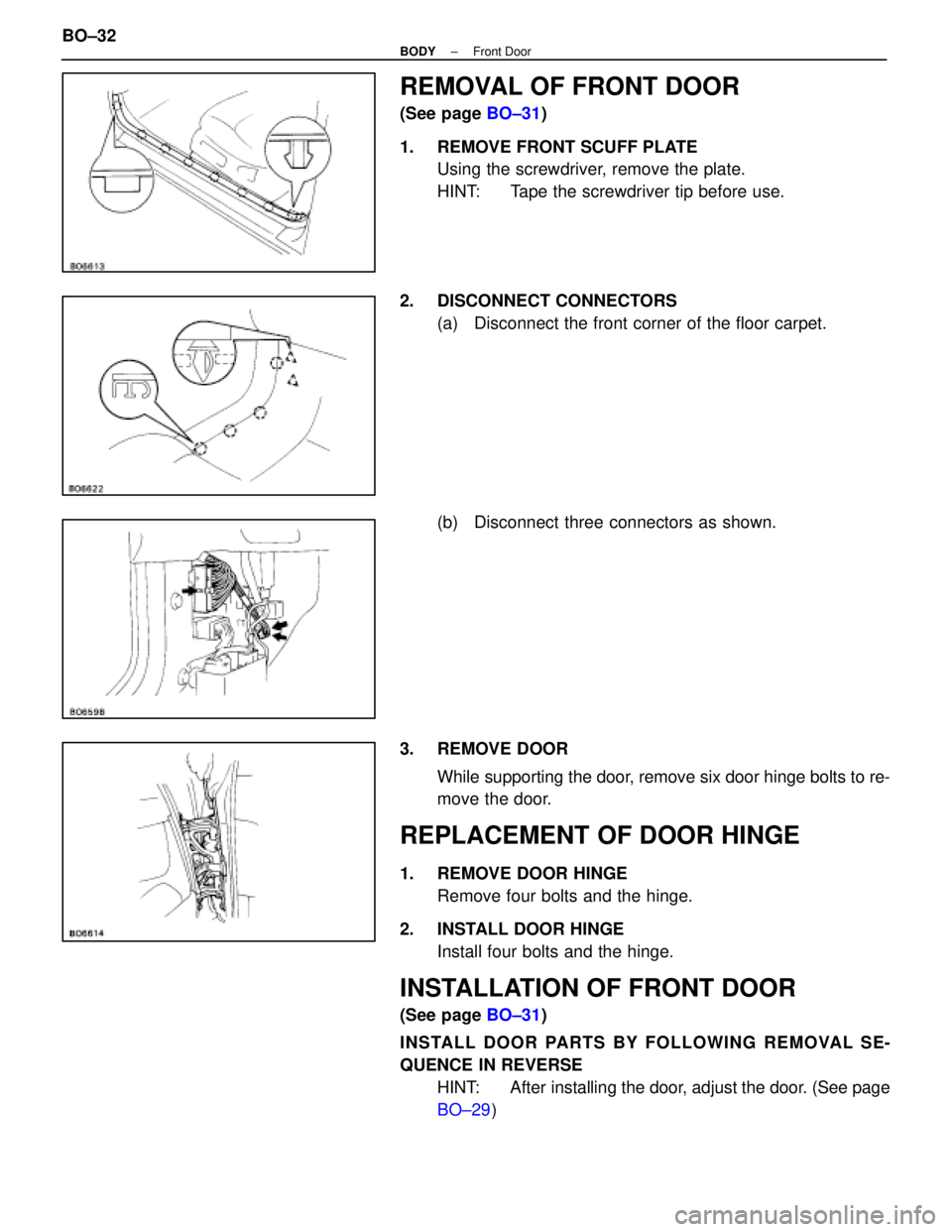LEXUS SC400 1991  Service Repair Manual 
REMOVAL OF FRONT DOOR
(See page BO±31)
1.  REMOVE FRONT SCUFF PLATE Using the screwdriver, remove the plate.
HINT: Tape the screwdriver tip before use.
2. DISCONNECT CONNECTORS (a)  Disconnect the f