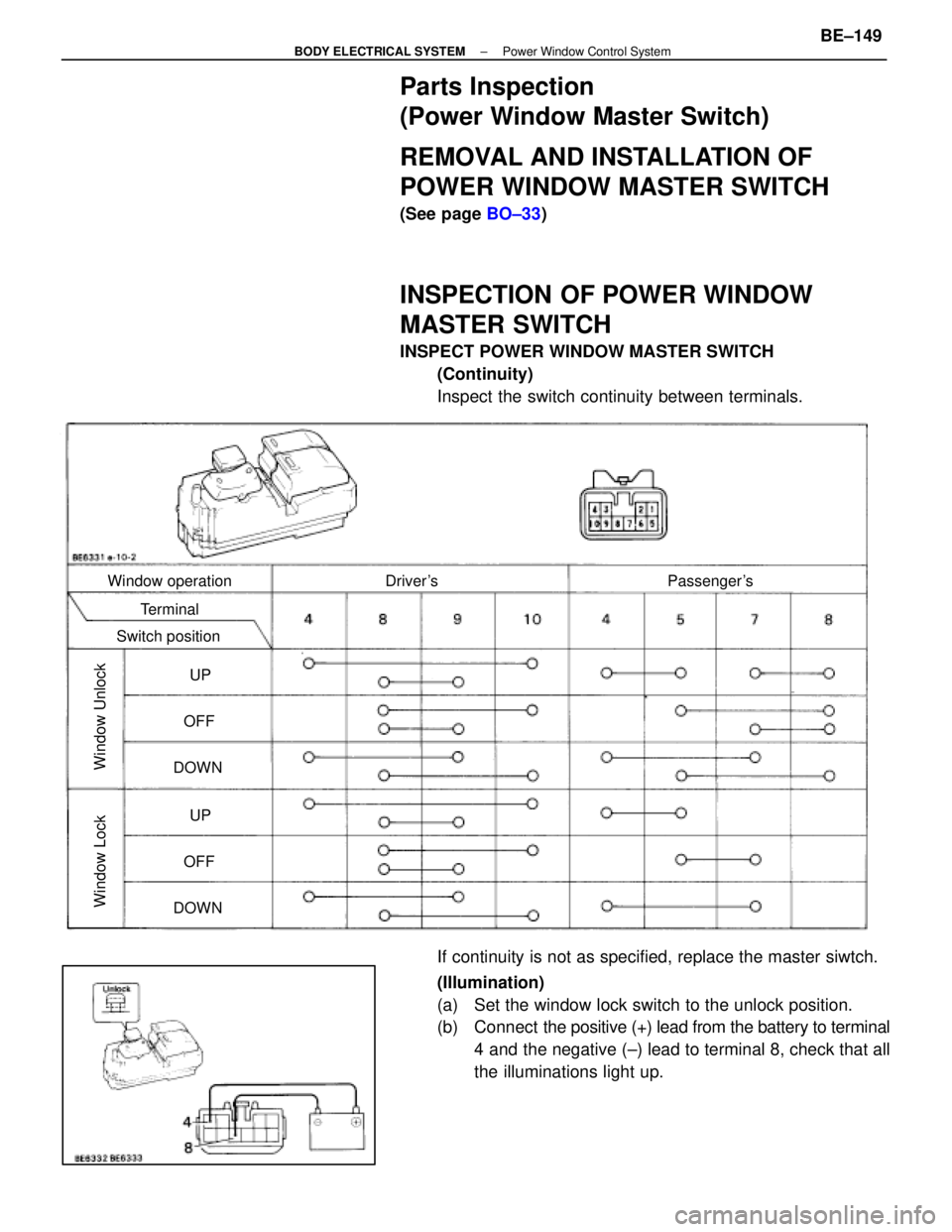 LEXUS SC400 1991  Service Repair Manual 
Parts Inspection
(Power Window Master Switch)
REMOVAL AND INSTALLATION OF
POWER WINDOW MASTER SWITCH
(See page BO±33)
INSPECTION OF POWER WINDOW
MASTER SWITCH
INSPECT POWER WINDOW MASTER SWITCH
(Con