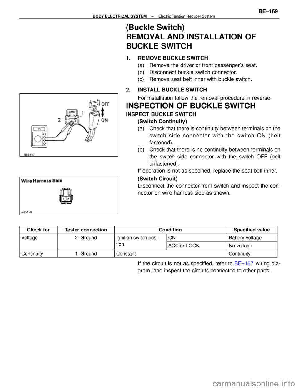 LEXUS SC400 1991 Service Repair Manual
(Buckle Switch)
REMOVAL AND INSTALLATION OF
BUCKLE SWITCH
1. REMOVE BUCKLE SWITCH(a) Remove the driver or front passengers seat.
(b) Disconnect buckle switch connector.
(c) Remove seat belt inne LEXUS SC400 1991 Service Repair Manual
(Buckle Switch)
REMOVAL AND INSTALLATION OF
BUCKLE SWITCH
1. REMOVE BUCKLE SWITCH(a) Remove the driver or front passengers seat.
(b) Disconnect buckle switch connector.
(c) Remove seat belt inne