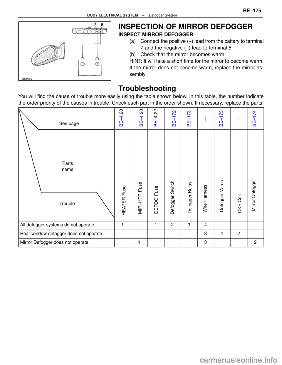 LEXUS SC400 1991  Service Repair Manual 
INSPECTION OF MIRROR DEFOGGER
INSPECT MIRROR DEFOGGER(a) Connect   the positive (+) lead from the battery to terminal
7 and the negative (±) lead to terminal 8.
(b)  Check that the mirror becomes wa