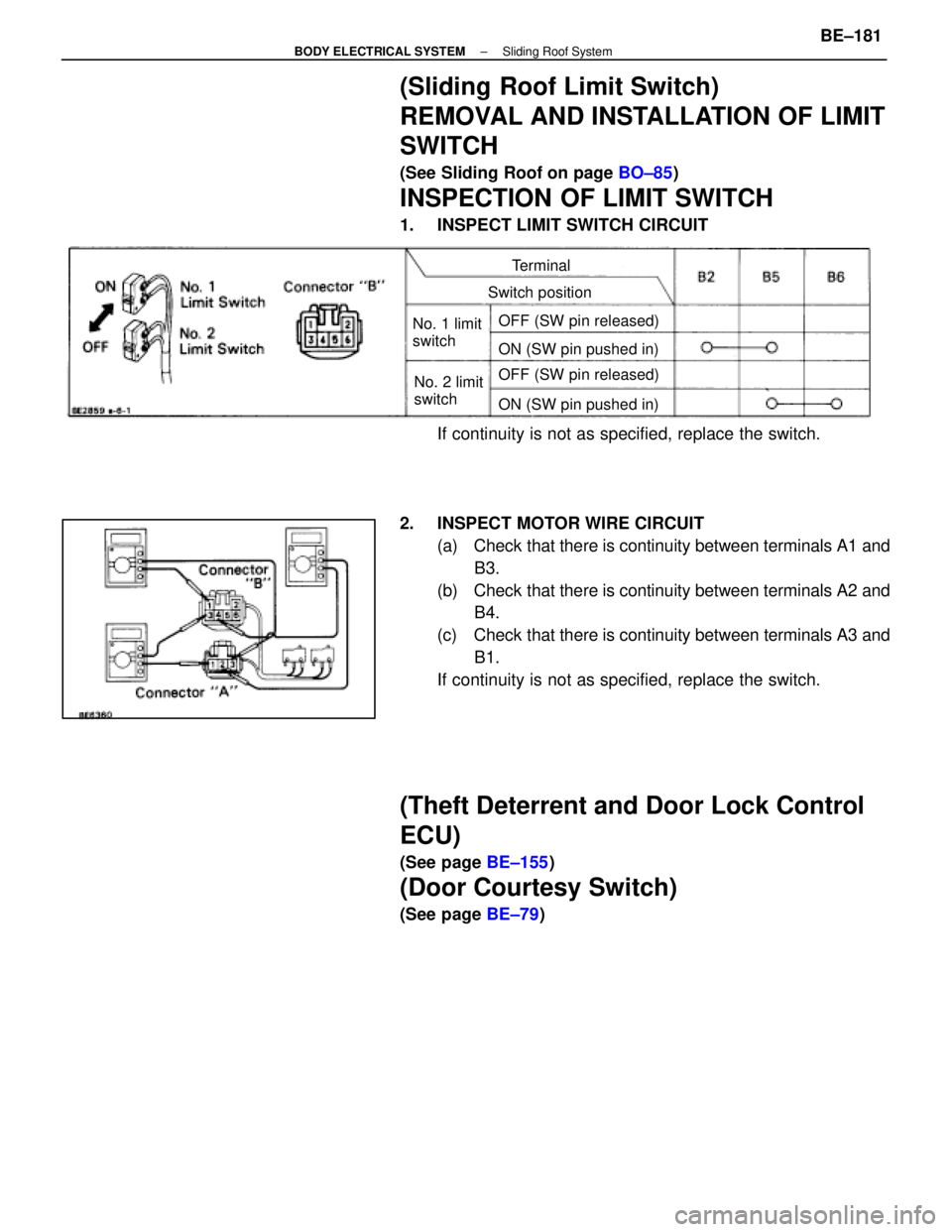 LEXUS SC400 1991  Service Repair Manual 
(Sliding Roof Limit Switch)
REMOVAL AND INSTALLATION OF LIMIT
SWITCH
(See Sliding Roof on page BO±85)
INSPECTION OF LIMIT SWITCH
1.  INSPECT LIMIT SWITCH CIRCUIT
Terminal
Switch position
OFF (SW pin