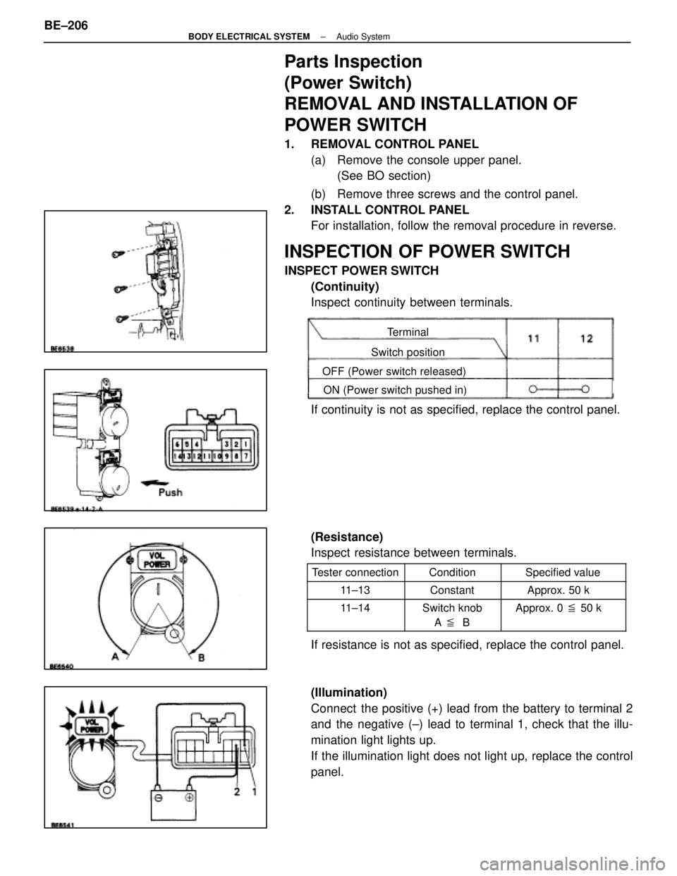 LEXUS SC400 1991  Service Repair Manual 
Parts Inspection
(Power Switch)
REMOVAL AND INSTALLATION OF
POWER SWITCH
1.  REMOVAL CONTROL PANEL(a)  Remove the console upper panel.(See BO section)
(b)  Remove three screws and the control panel.
