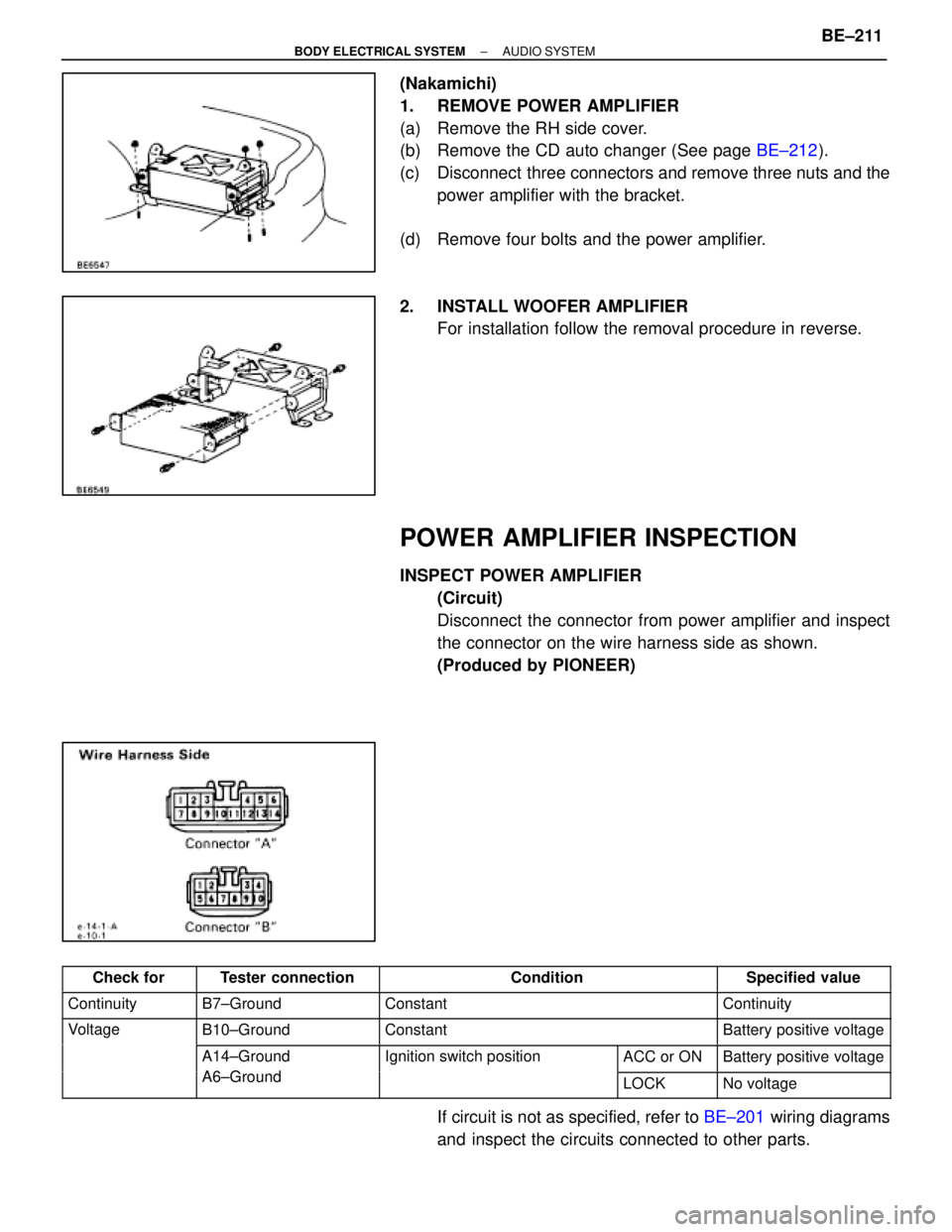 LEXUS SC400 1991  Service Repair Manual 
(Nakamichi)
1.  REMOVE POWER AMPLIFIER
(a)  Remove the RH side cover.
(b)  Remove the CD auto changer (See page BE±212).
(c)  Disconnect  three connectors and remove three nuts and the power amplifi