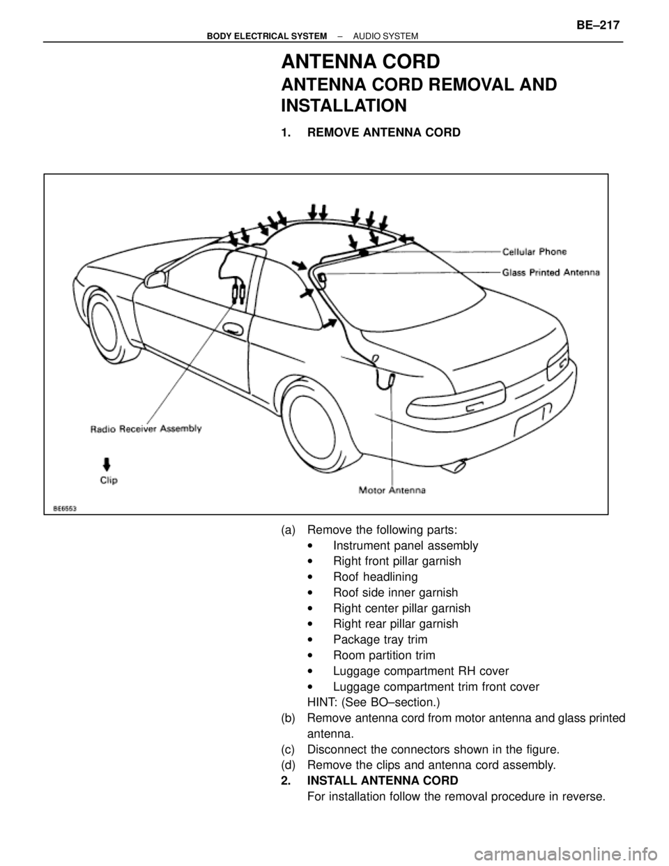 LEXUS SC400 1991  Service Repair Manual 
ANTENNA CORD
ANTENNA CORD REMOVAL AND
INSTALLATION
1.  REMOVE ANTENNA CORD
(a)  Remove the following parts:wInstrument panel assembly
w Right front pillar garnish
w Roof headlining
w Roof side inner 