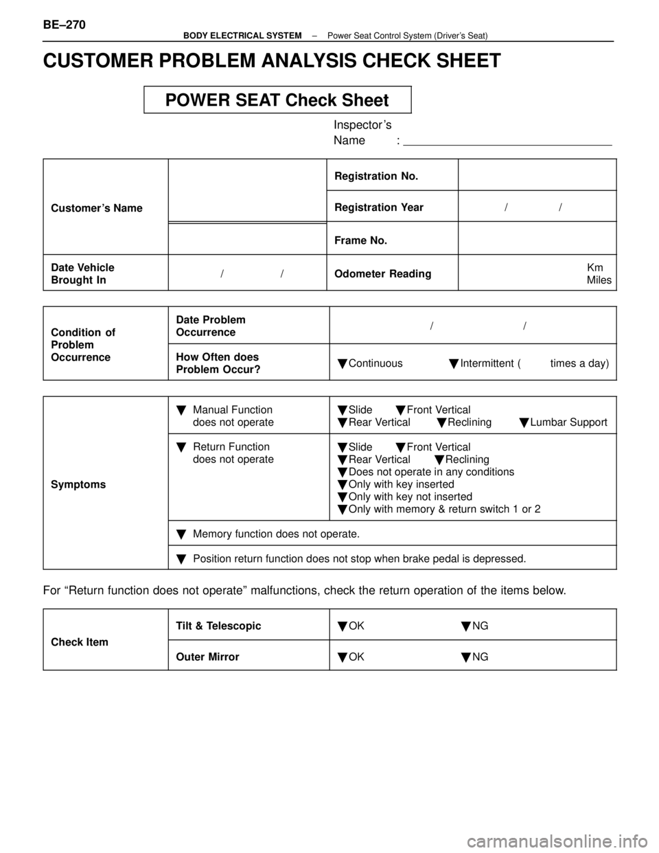 LEXUS SC400 1991  Service Repair Manual 
CUSTOMER PROBLEM ANALYSIS CHECK SHEET
POWER SEAT Check Sheet
Inspector s
Name : 
 


 


 

Registration No.
