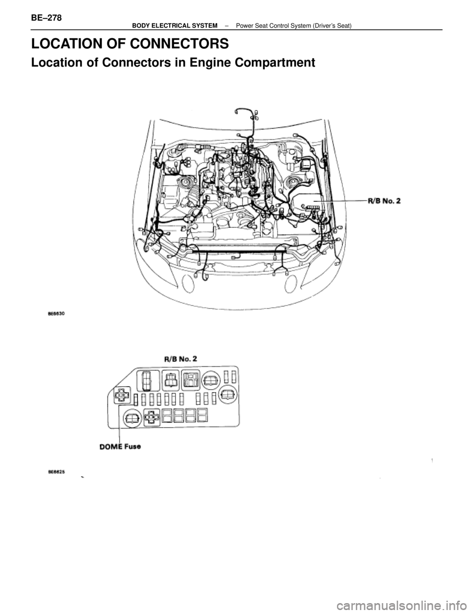 LEXUS SC400 1991  Service Repair Manual 
LOCATION OF CONNECTORS
Location of Connectors in Engine Compartment
BE±278±
BODY ELECTRICAL SYSTEM Power Seat Control System (Drivers Seat) 
WhereEverybodyKnowsYourName  