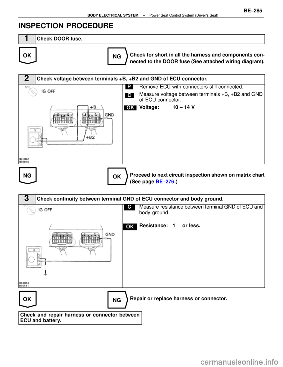 LEXUS SC400 1991  Service Repair Manual 
OKNG
NGOK
OKNG
INSPECTION PROCEDURE
1Check DOOR fuse.
Check for short in all the harness and components con-
nected to the DOOR fuse (See attached wiring diagram).
2Check voltage between terminals +B