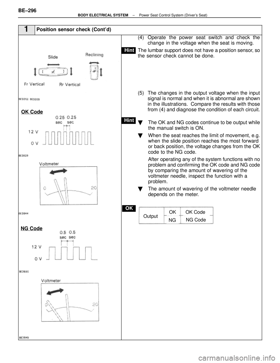 LEXUS SC400 1991  Service Repair Manual 
1Position sensor check (Contd)
OK Code
NG Code
OK
Hint
Hint
(4) Operate  the power seat switch and check thechange  in the voltage when the seat is moving.
The lumbar support does not have a positio