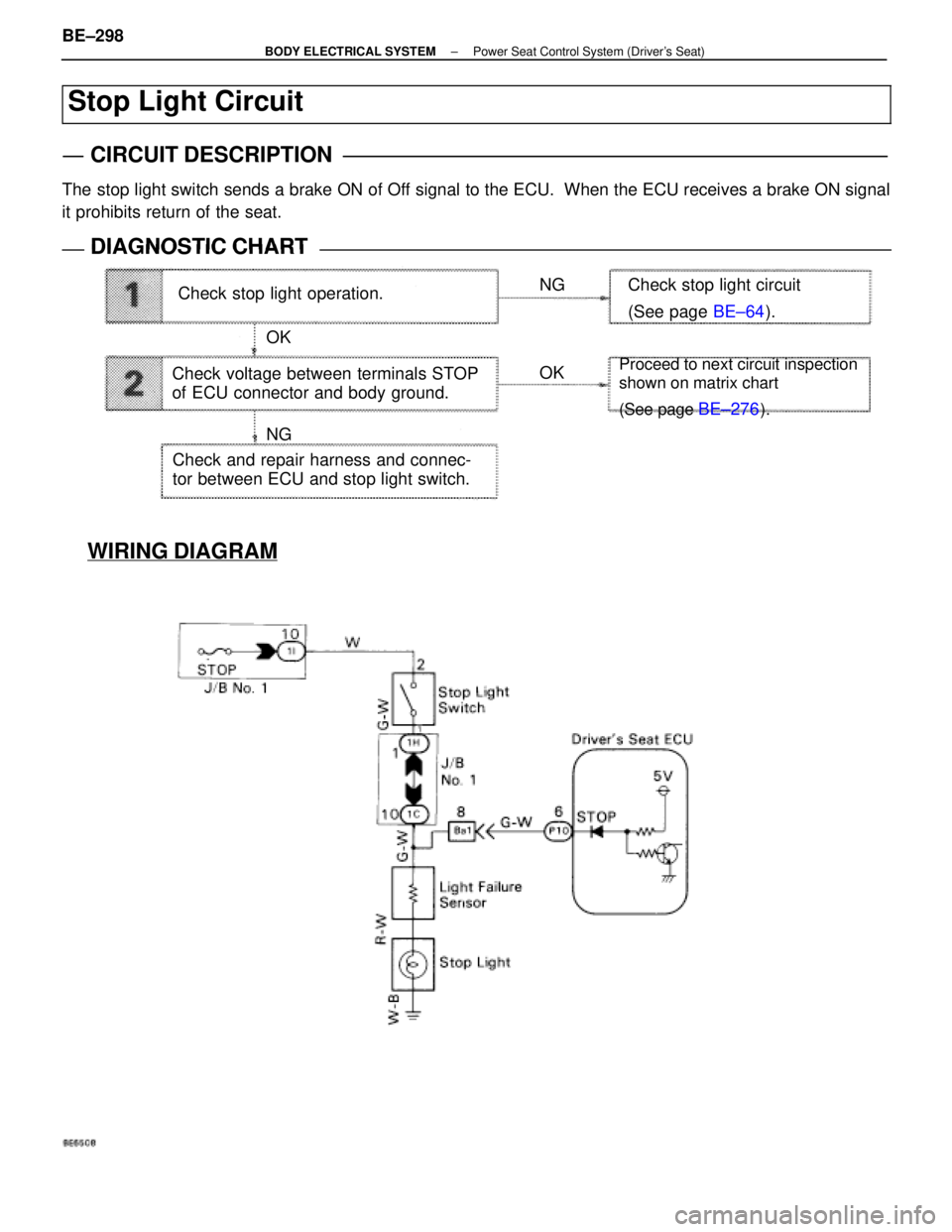 LEXUS SC400 1991  Service Repair Manual 
Check stop light operation.NG
OK OK
NG Check stop light circuit
(See page 
BE±64).
Proceed to next circuit inspection
shown on matrix chart 
(See page 
BE±276).
Check voltage between terminals STOP