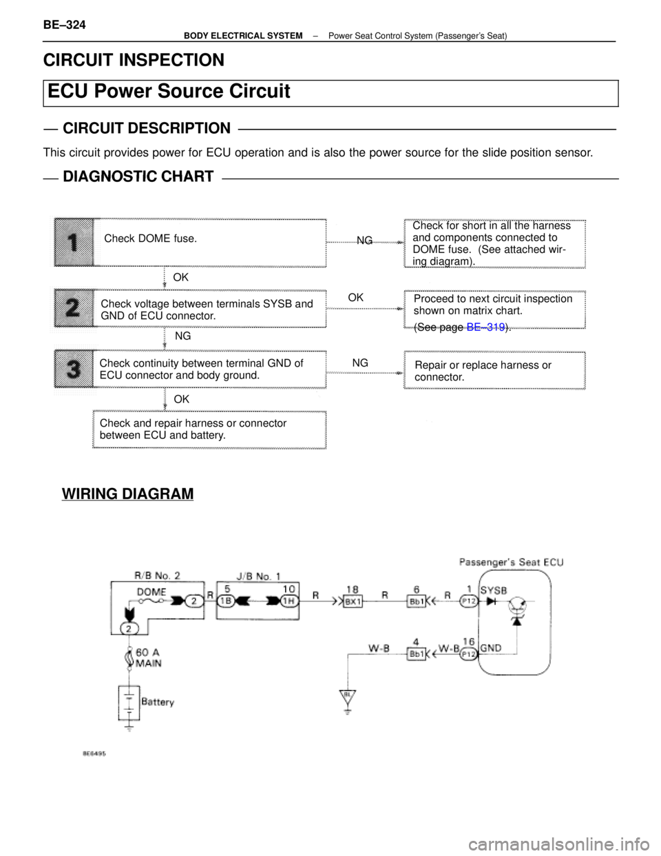 LEXUS SC400 1991  Service Repair Manual 
WIRING DIAGRAM
CIRCUIT INSPECTION
ECU Power Source Circuit
CIRCUIT DESCRIPTION
This circuit provides power for ECU operation and is also the power source f\
or the slide position sensor.
DIAGNOSTIC C