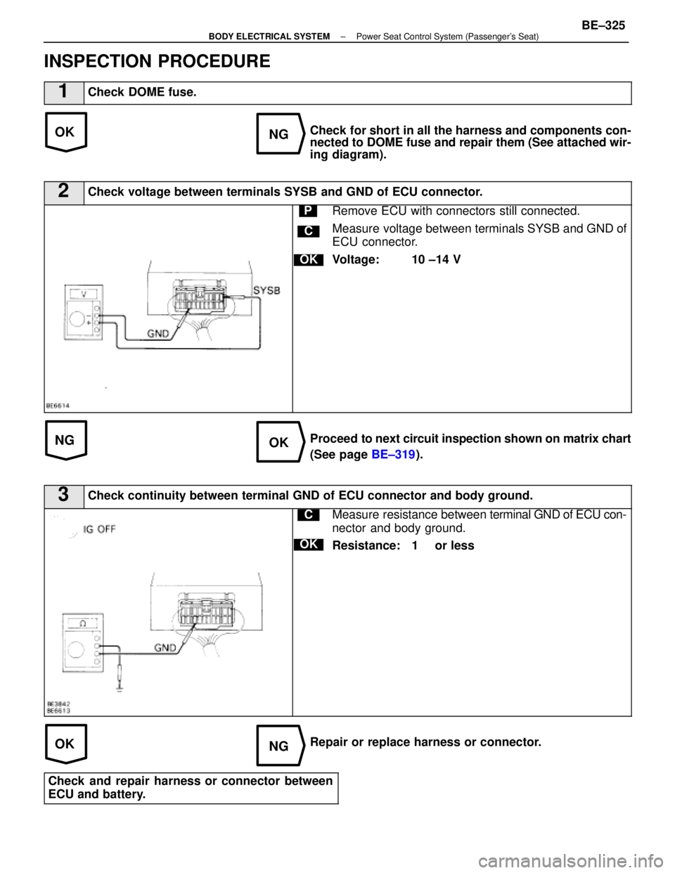 LEXUS SC400 1991  Service Repair Manual 
OKNG
NGOK
OKNG
INSPECTION PROCEDURE
1Check DOME fuse.
Check for short in all the harness and components con-
nected to DOME fuse and repair them (See attached wir-
ing diagram).
2Check voltage betwee