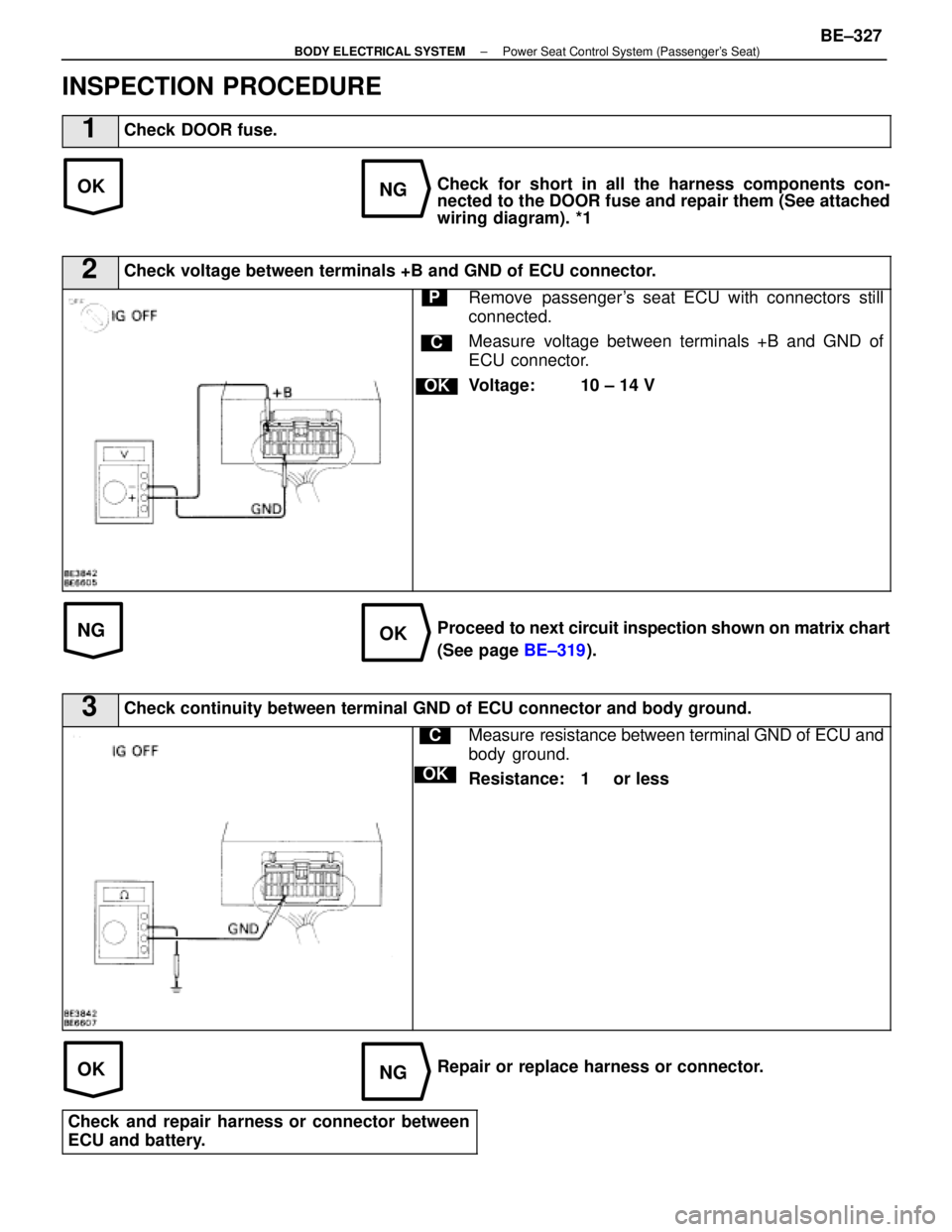 LEXUS SC400 1991  Service Repair Manual 
OKNG
NGOK
OKNG
INSPECTION PROCEDURE
1Check DOOR fuse.
Check for short in all the harness components con-
nected to the DOOR fuse and repair them (See attached
wiring diagram). *1
2Check voltage betwe