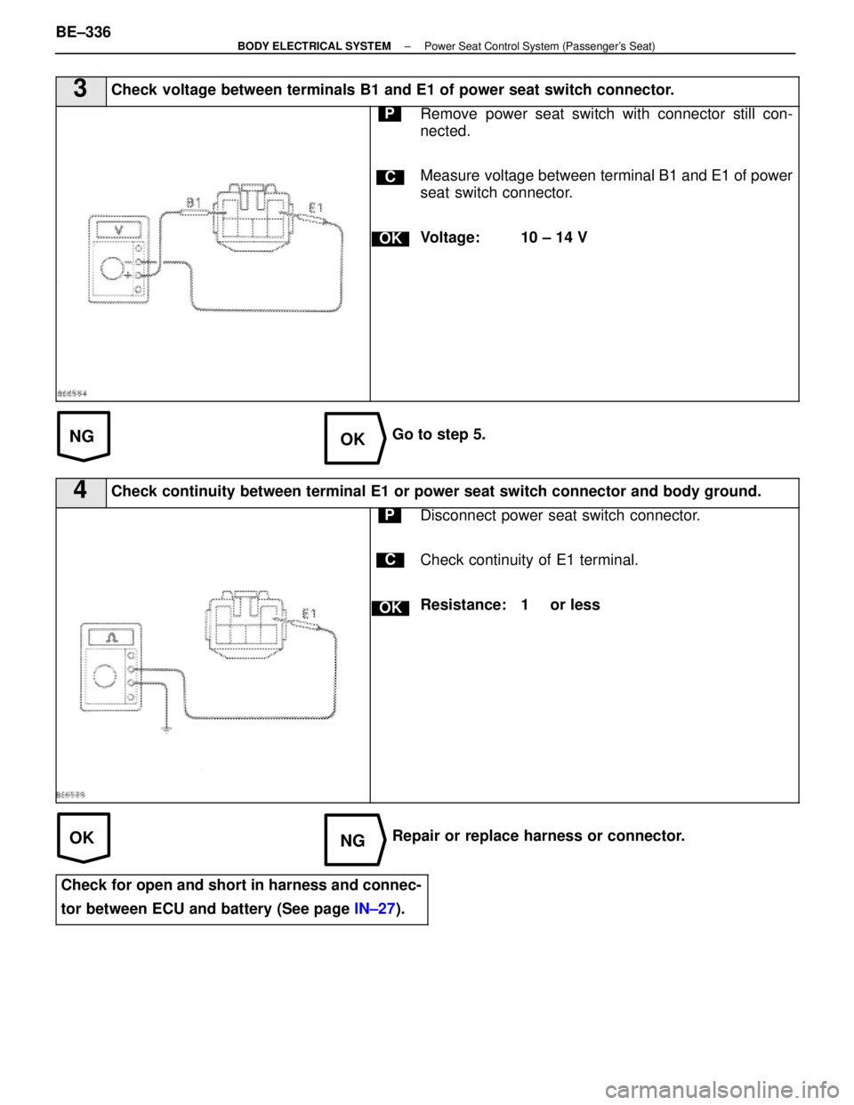 LEXUS SC400 1991  Service Repair Manual 
NGOK
OKNG
3Check voltage between terminals B1 and E1 of power seat switch connector.
C
OK
PRemove power seat switch with connector still con-
nected.
Measure voltage between terminal B1 and E1 of pow