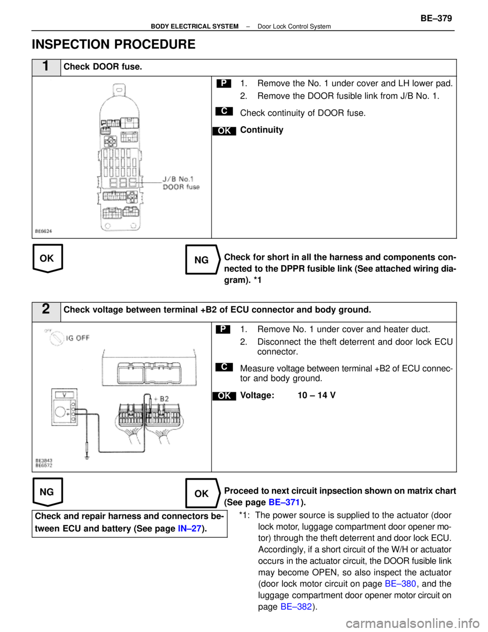 LEXUS SC400 1991 Service Repair Manual
OKNG
NGOK
*1: The power source is supplied to the actuator (doorlock motor, luggage compartment door opener mo-
tor) through the theft deterrent and door lock ECU.
Accordingly, if a short circuit LEXUS SC400 1991 Service Repair Manual
OKNG
NGOK
*1: The power source is supplied to the actuator (doorlock motor, luggage compartment door opener mo-
tor) through the theft deterrent and door lock ECU.
Accordingly, if a short circuit