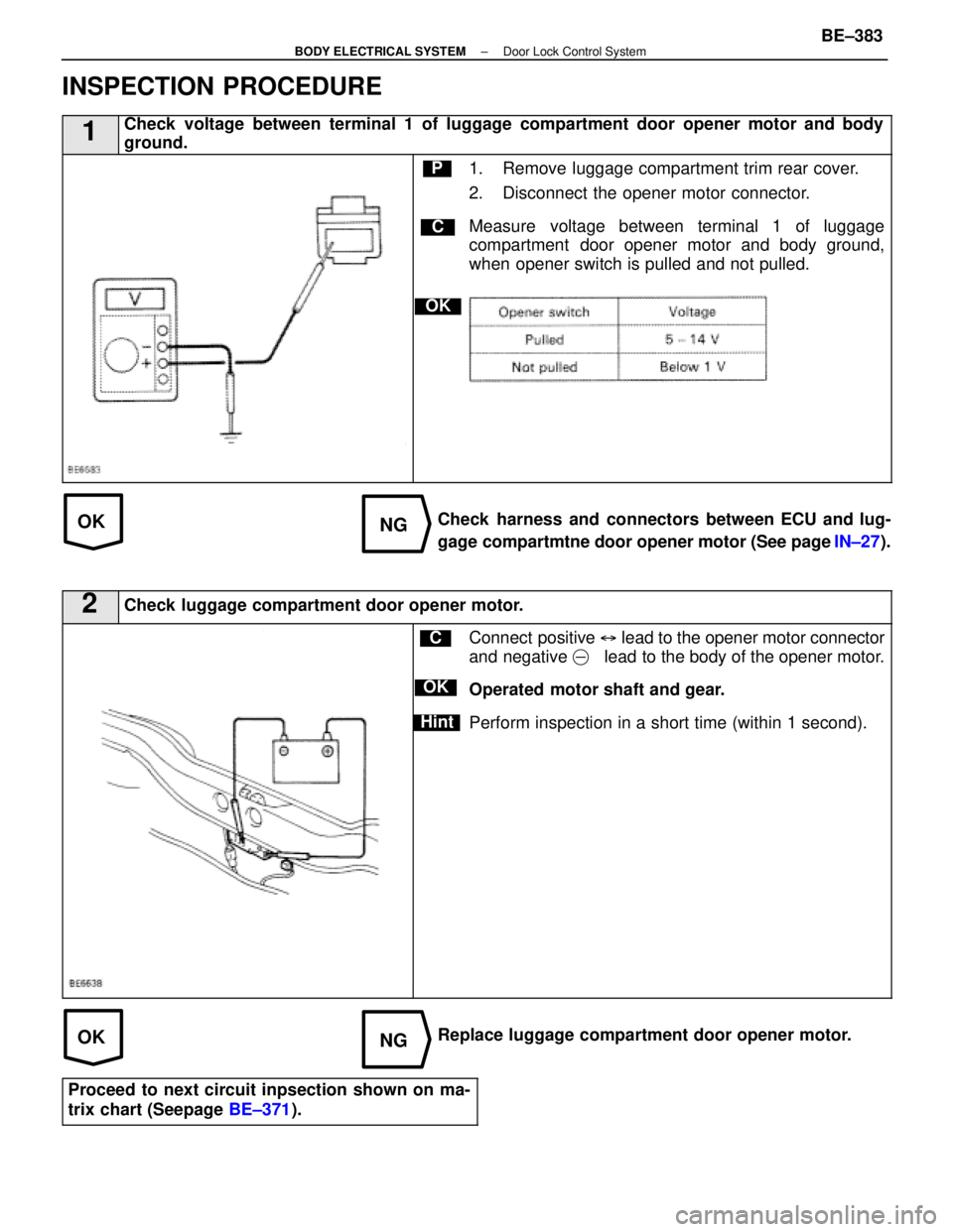 LEXUS SC400 1991 Service Repair Manual
OKNG
OKNG
INSPECTION PROCEDURE
1Check voltage between terminal 1 of luggage compartment door opener motor and body
ground.
C
OK
P1. Remove luggage compartment trim rear cover.
2. Disconnect the opene LEXUS SC400 1991 Service Repair Manual
OKNG
OKNG
INSPECTION PROCEDURE
1Check voltage between terminal 1 of luggage compartment door opener motor and body
ground.
C
OK
P1. Remove luggage compartment trim rear cover.
2. Disconnect the opene