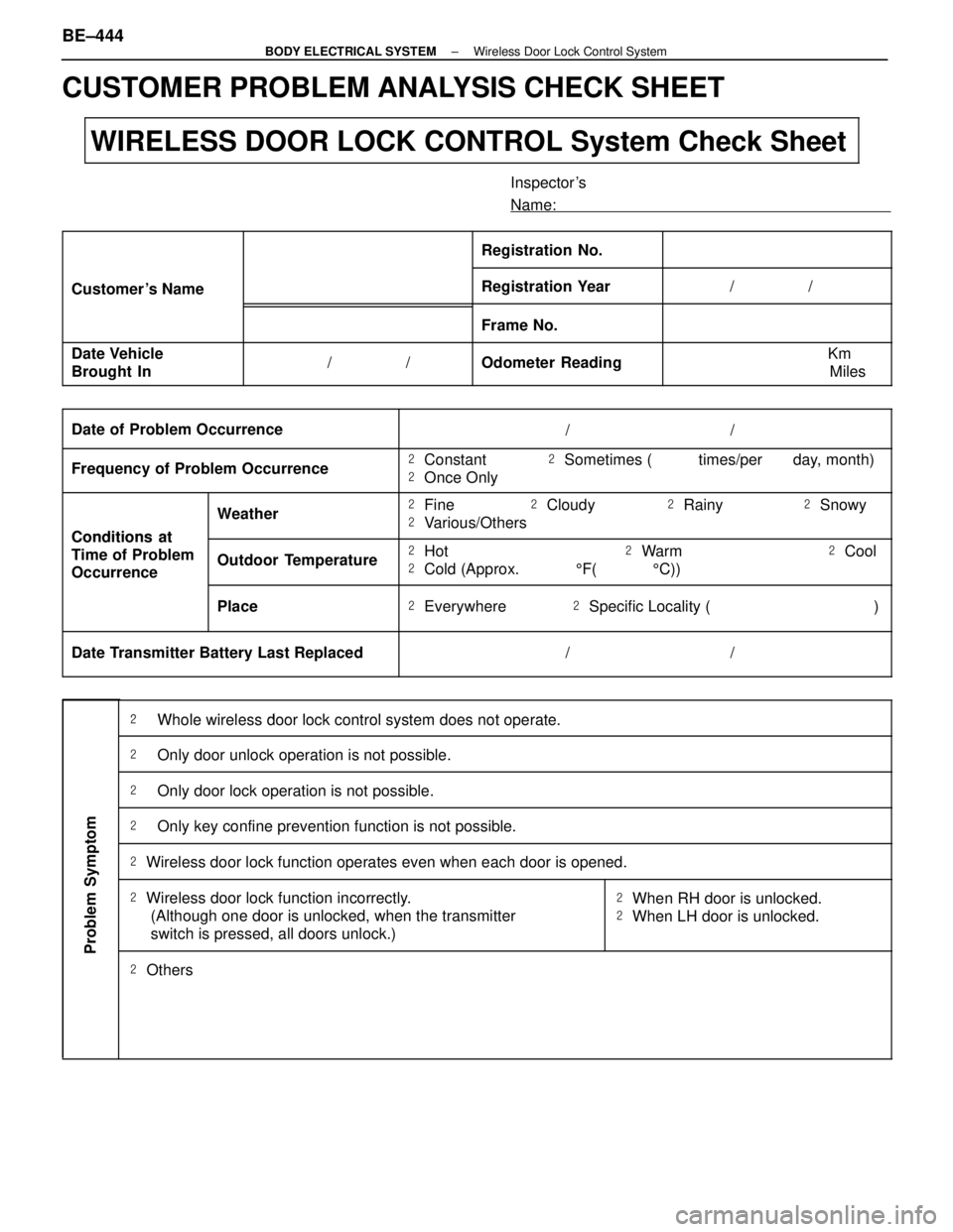 LEXUS SC400 1991  Service Repair Manual 
CUSTOMER PROBLEM ANALYSIS CHECK SHEET
\
 
\

\
WIRELESS DOOR LOCK CONTROL System Check Sheet
Inspect