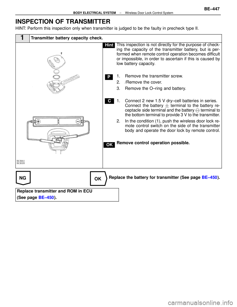 LEXUS SC400 1991  Service Repair Manual 
NGOK
INSPECTION OF TRANSMITTER
HINT: Perform this inspection only when transmitter is judged to be the fault\
y in precheck type II.
1Transmitter battery capacity check.
C
OK
P
HintThis inspection is