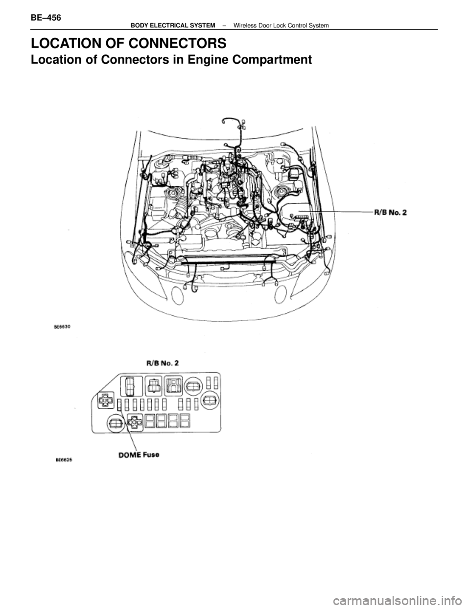 LEXUS SC400 1991  Service Repair Manual 
LOCATION OF CONNECTORS
Location of Connectors in Engine Compartment
BE±456±
BODY ELECTRICAL SYSTEM Wireless Door Lock Control System 
WhereEverybodyKnowsYourName  