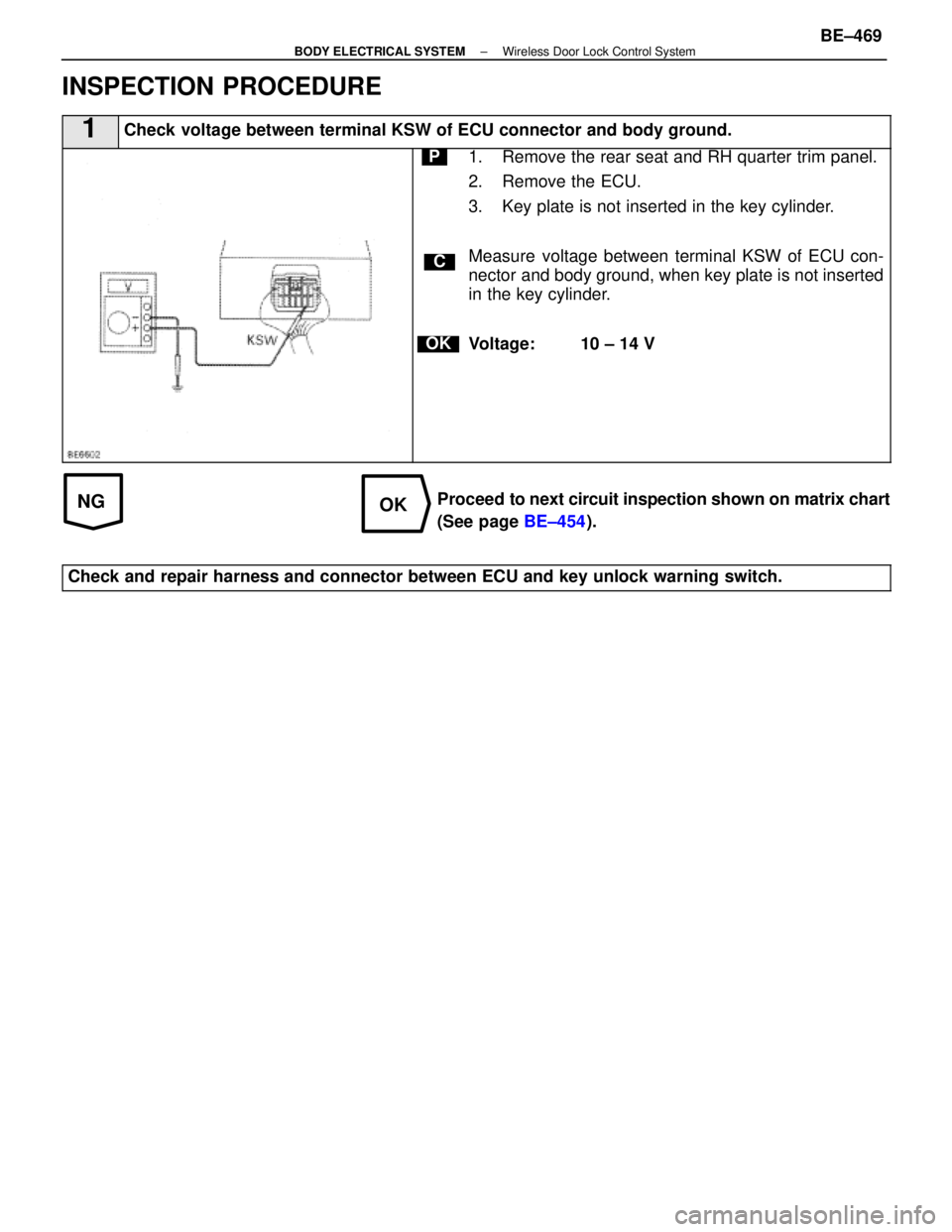 LEXUS SC400 1991  Service Repair Manual 
NGOK
INSPECTION PROCEDURE
1Check voltage between terminal KSW of ECU connector and body ground.
C
OK
P1. Remove the rear seat and RH quarter trim panel.
2. Remove the ECU.
3. Key plate is not inserte
