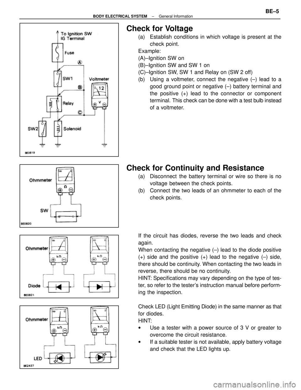 LEXUS SC400 1991  Service Repair Manual 
Check for Voltage
(a)  Establish conditions in which voltage is present at thecheck point.
Example:
(A)±Ignition SW on
(B)±Ignition SW and SW 1 on
(C)±Ignition SW, SW 1 and Relay on (SW 2 off)
(b)