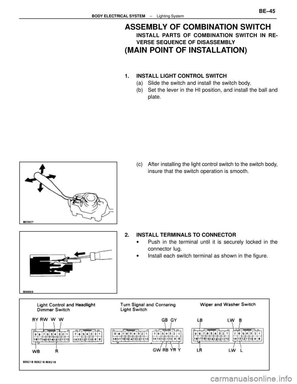 LEXUS SC400 1991  Service Repair Manual 
ASSEMBLY OF COMBINATION SWITCH
INSTALL PARTS OF COMBINATION SWITCH IN RE-
VERSE SEQUENCE OF DISASSEMBLY
(MAIN POINT OF INSTALLATION)
1.  INSTALL LIGHT CONTROL SWITCH(a)  Slide the switch and install 