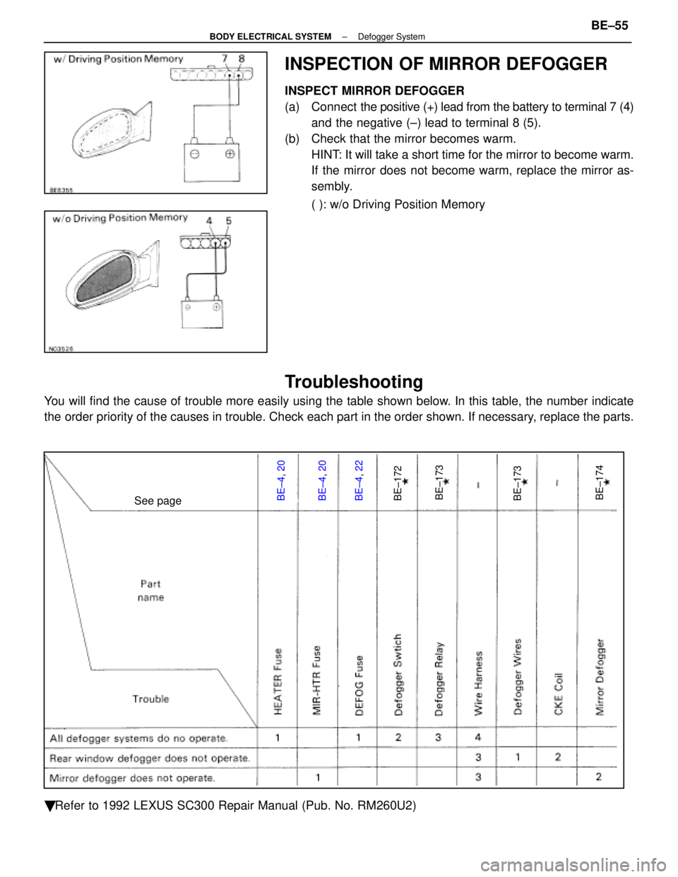LEXUS SC400 1991  Service Repair Manual 
INSPECTION OF MIRROR DEFOGGER
INSPECT MIRROR DEFOGGER
(a) Connect  the positive (+) lead from the battery to terminal 7 (4)
and the negative (±) lead to terminal 8 (5).
(b)  Check that the mirror be