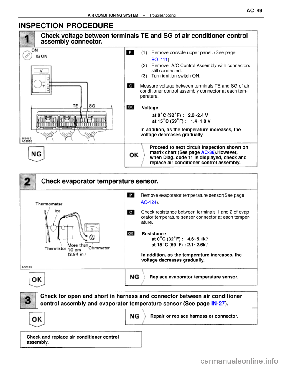 LEXUS SC400 1991 Service Manual Online
(1) Remove console upper panel. (See page BO±111 )
(2) Remove A/C Control Assembly with connectors still connected.
(3) Turn ignition switch ON.
Measure voltage between terminals TE and SG of air
c LEXUS SC400 1991 Service Manual Online
(1) Remove console upper panel. (See page BO±111 )
(2) Remove A/C Control Assembly with connectors still connected.
(3) Turn ignition switch ON.
Measure voltage between terminals TE and SG of air
c