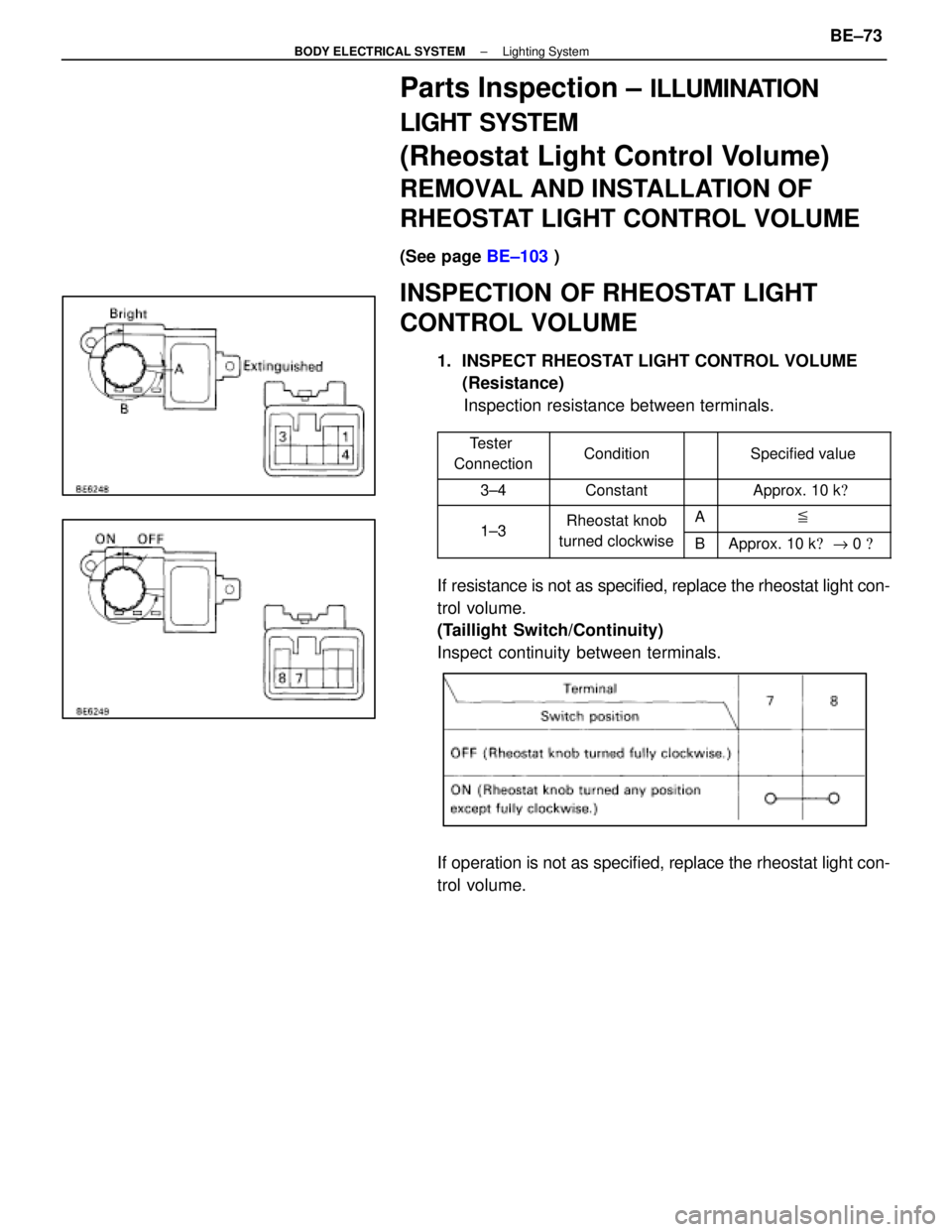 LEXUS SC400 1991  Service Repair Manual 
Parts Inspection ± ILLUMINATION
LIGHT SYSTEM
(Rheostat Light Control Volume)
REMOVAL AND INSTALLATION OF
RHEOSTAT LIGHT CONTROL VOLUME
(See page  BE±103 )
INSPECTION OF RHEOSTAT LIGHT
CONTROL VOLUM