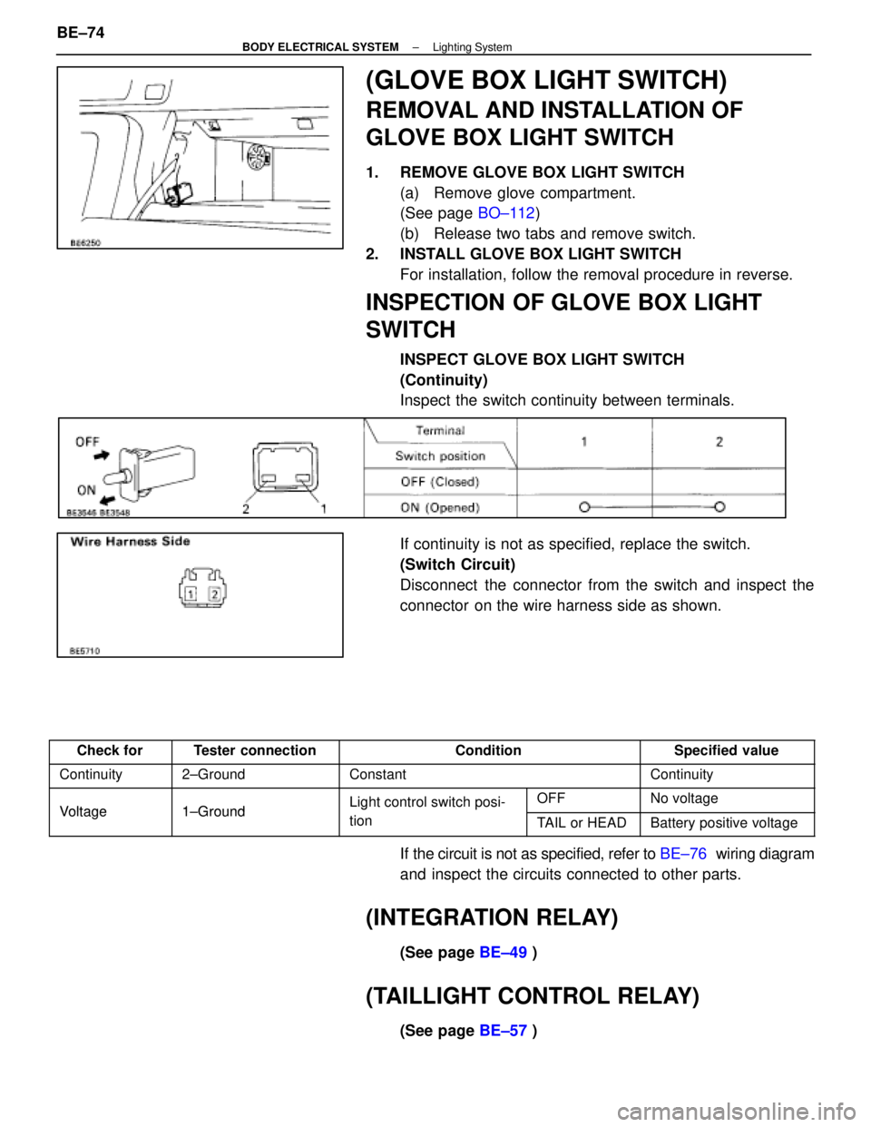LEXUS SC400 1991 Service Repair Manual
(GLOVE BOX LIGHT SWITCH)
REMOVAL AND INSTALLATION OF
GLOVE BOX LIGHT SWITCH
1. REMOVE GLOVE BOX LIGHT SWITCH(a) Remove glove compartment.
(See page BO±112)
(b) Release two tabs and remove switch LEXUS SC400 1991 Service Repair Manual
(GLOVE BOX LIGHT SWITCH)
REMOVAL AND INSTALLATION OF
GLOVE BOX LIGHT SWITCH
1. REMOVE GLOVE BOX LIGHT SWITCH(a) Remove glove compartment.
(See page BO±112)
(b) Release two tabs and remove switch