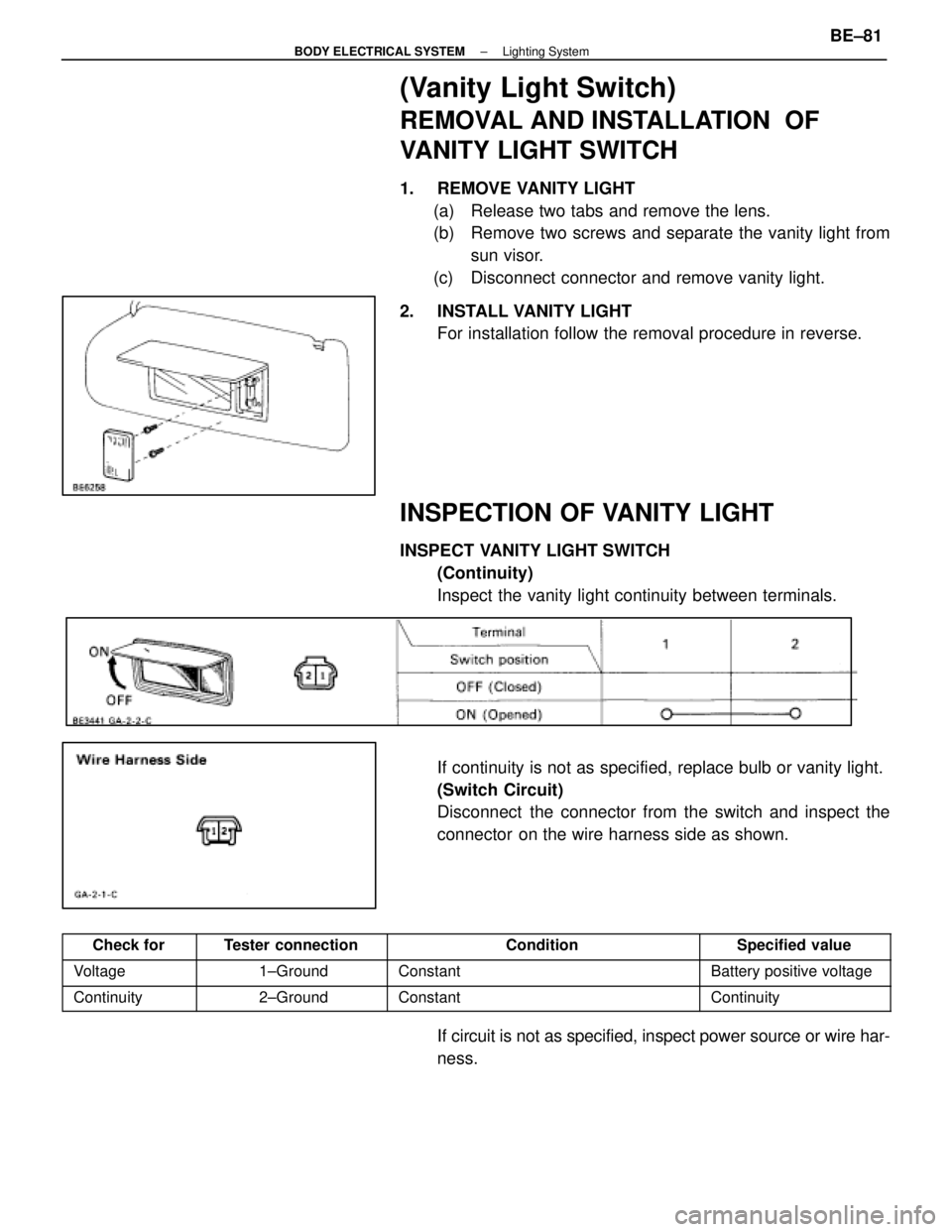 LEXUS SC400 1991  Service Repair Manual 
(Vanity Light Switch)
REMOVAL AND INSTALLATION  OF
VANITY LIGHT SWITCH
1. REMOVE VANITY LIGHT(a)  Release two tabs and remove the lens.
(b)  Remove two screws and separate the vanity light from sun v
