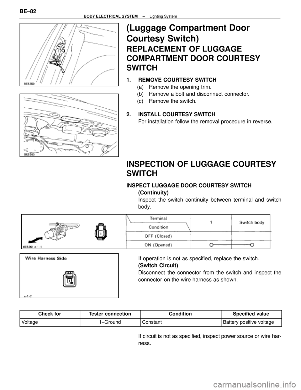LEXUS SC400 1991 Service Repair Manual
(Luggage Compartment Door
Courtesy Switch)
REPLACEMENT OF LUGGAGE
COMPARTMENT DOOR COURTESY
SWITCH
1. REMOVE COURTESY SWITCH(a) Remove the opening trim.
(b) Remove a bolt and disconnect connector. LEXUS SC400 1991 Service Repair Manual
(Luggage Compartment Door
Courtesy Switch)
REPLACEMENT OF LUGGAGE
COMPARTMENT DOOR COURTESY
SWITCH
1. REMOVE COURTESY SWITCH(a) Remove the opening trim.
(b) Remove a bolt and disconnect connector.