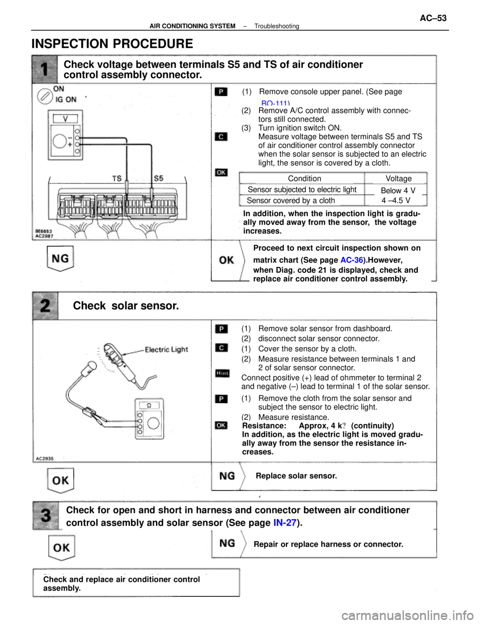 LEXUS SC400 1991 Service Owners Manual
99
Check voltage between terminals S5 and TS of air conditioner
control assembly connector.
(1) Remove console upper panel. (See page
BO-111 ).
(2) Remove A/C control assembly with connec-
tors stil LEXUS SC400 1991 Service Owners Manual
99
Check voltage between terminals S5 and TS of air conditioner
control assembly connector.
(1) Remove console upper panel. (See page
BO-111 ).
(2) Remove A/C control assembly with connec-
tors stil