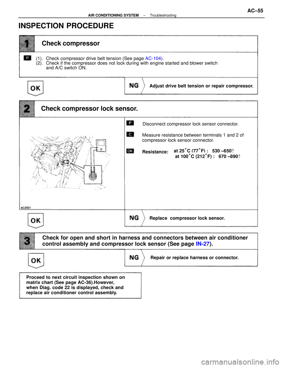 LEXUS SC400 1991 Service Owners Manual
INSPECTION PROCEDURE
Check compressor
(1). Check compressor drive belt tension (See page AC-104).
(2). Check if the compressor does not lock during with engine started and blo\
wer switch and A/C swi LEXUS SC400 1991 Service Owners Manual
INSPECTION PROCEDURE
Check compressor
(1). Check compressor drive belt tension (See page AC-104).
(2). Check if the compressor does not lock during with engine started and blo\
wer switch and A/C swi