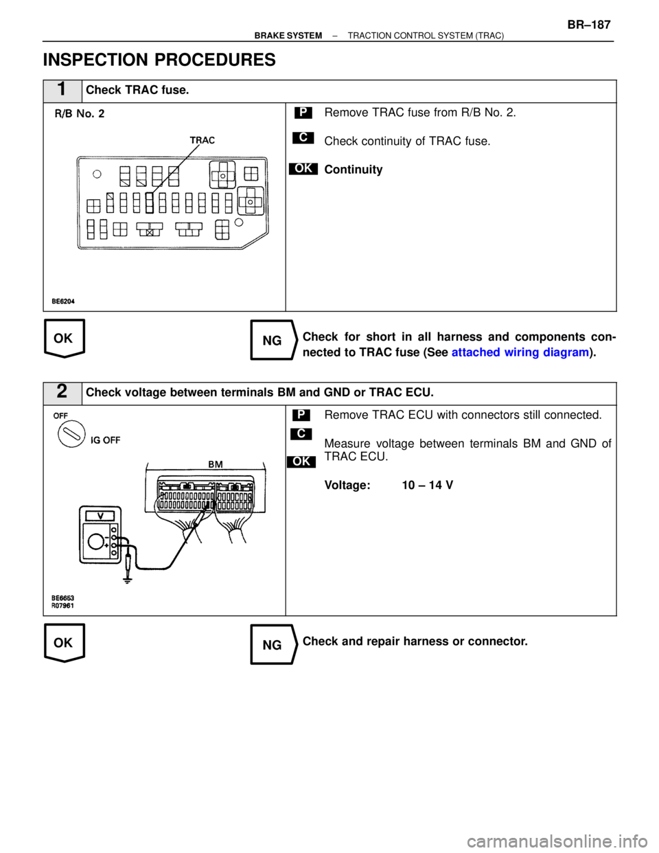 LEXUS SC400 1991  Service Repair Manual 
OKNG
OKNG
INSPECTION PROCEDURES
1Check TRAC fuse.
C
OK
PRemove TRAC fuse from R/B No. 2.
Check continuity of TRAC fuse.
Continuity
Check for short in all harness and components con-
nected to TRAC fu