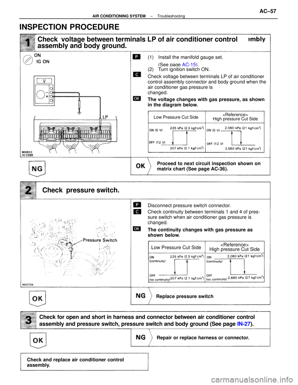 LEXUS SC400 1991 Service Owners Manual
9
Check voltage between terminals LP of air conditioner control
assembly and body ground.
(1) Install the manifold gauge set.(See page AC-15).
(2) Turn ignition switch ON.
Check voltage between ter LEXUS SC400 1991 Service Owners Manual
9
Check voltage between terminals LP of air conditioner control
assembly and body ground.
(1) Install the manifold gauge set.(See page AC-15).
(2) Turn ignition switch ON.
Check voltage between ter