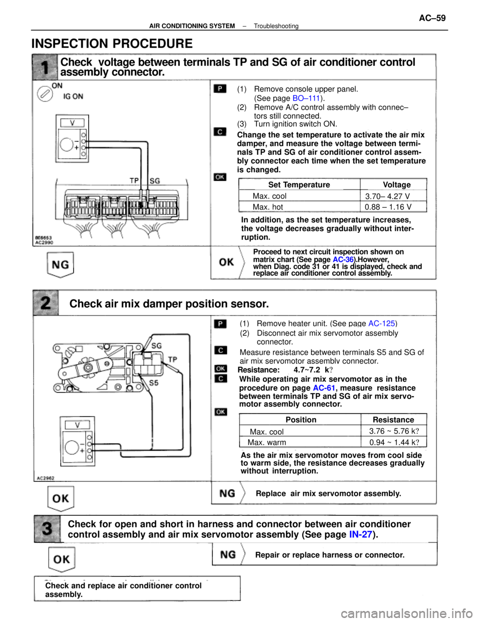 LEXUS SC400 1991 Service Owners Manual
Check voltage between terminals TP and SG of air conditioner control
assembly connector.
(1) Remove console upper panel.(See page BO±111).
(2) Remove A/C control assembly with connec±
tors still LEXUS SC400 1991 Service Owners Manual
Check voltage between terminals TP and SG of air conditioner control
assembly connector.
(1) Remove console upper panel.(See page BO±111).
(2) Remove A/C control assembly with connec±
tors still