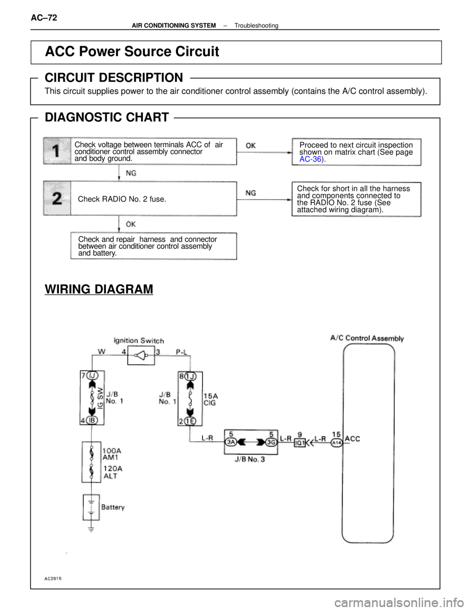 LEXUS SC300 1991  Service Repair Manual 
ACC Power Source Circuit
CIRCUIT DESCRIPTION
This circuit supplies power to the air conditioner control assembly (contai\
ns the A/C control assembly).
DIAGNOSTIC CHART
WIRING DIAGRAM
Check voltage b