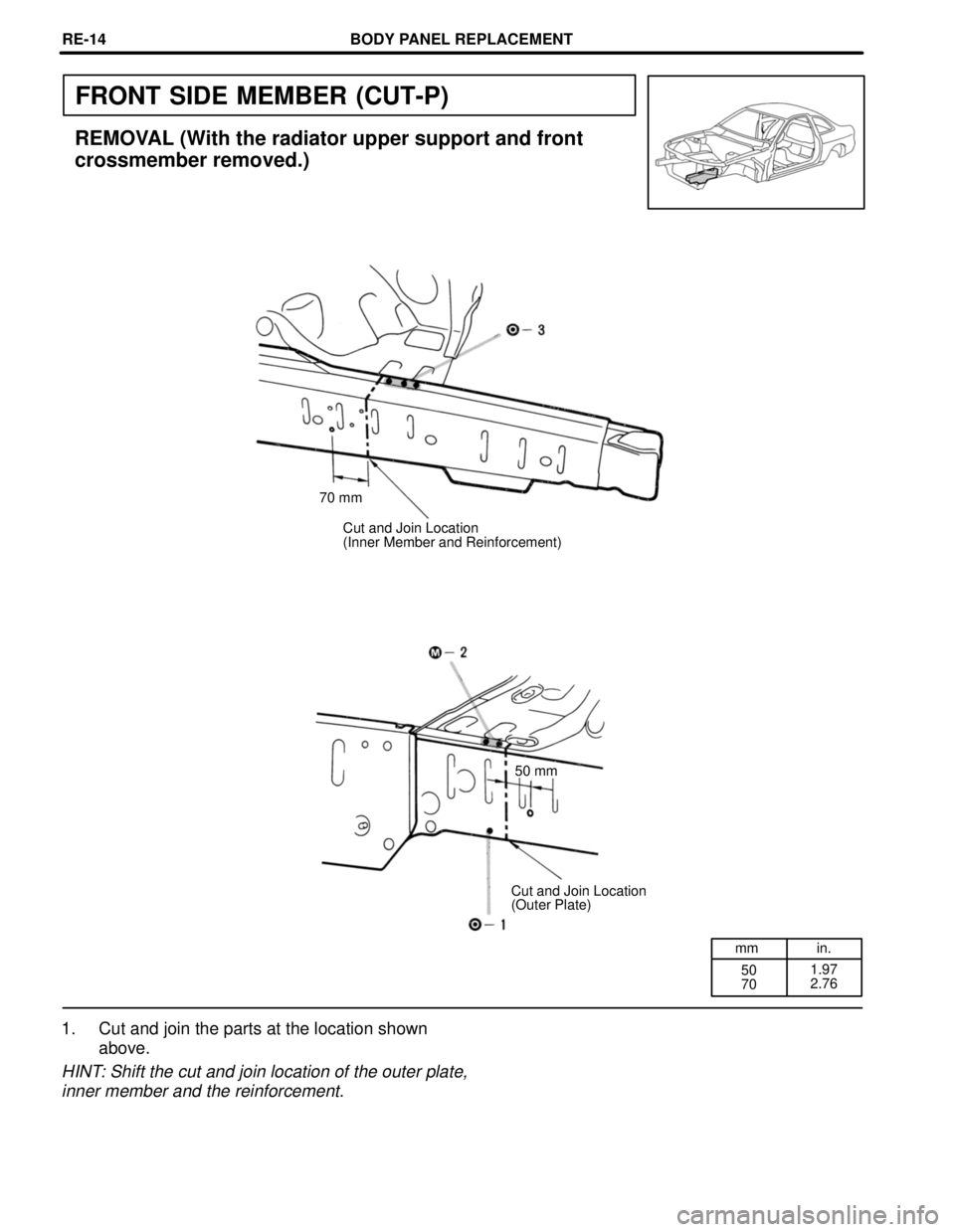 LEXUS SC300 1991  Service Repair Manual 
mm in.50
70 1.97
2.76
FRONT SIDE MEMBER (CUT-P)
REMOVAL (With the radiator upper support and front
crossmember removed.)
70 mm
Cut and Join Location
(Inner Member and Reinforcement)
50 mm
Cut and Joi