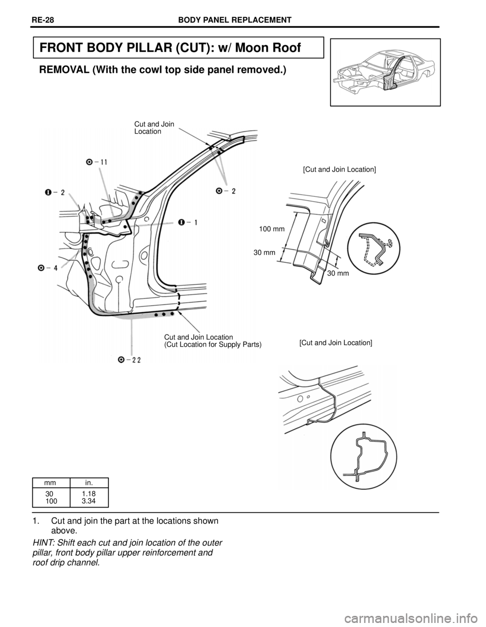 LEXUS SC300 1991  Service Repair Manual 
mm in.30
100 1.18
3.34
FRONT BODY PILLAR (CUT): w/ Moon Roof
REMOVAL (With the cowl top side panel removed.)
Cut and Join
Location
[Cut and Join Location]
100 mm
30 mm 30 mm
[Cut and Join Location]
C