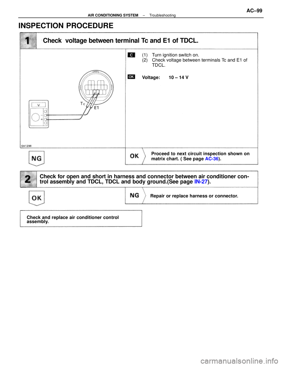 LEXUS SC300 1991  Service Repair Manual 
Check  voltage between terminal Tc and E1 of TDCL.
(2) Check voltage between terminals Tc and E1 of TDCL.
Voltage: 10 ± 14 V
(1) Turn ignition switch on.
Proceed to next circuit inspection shown on
