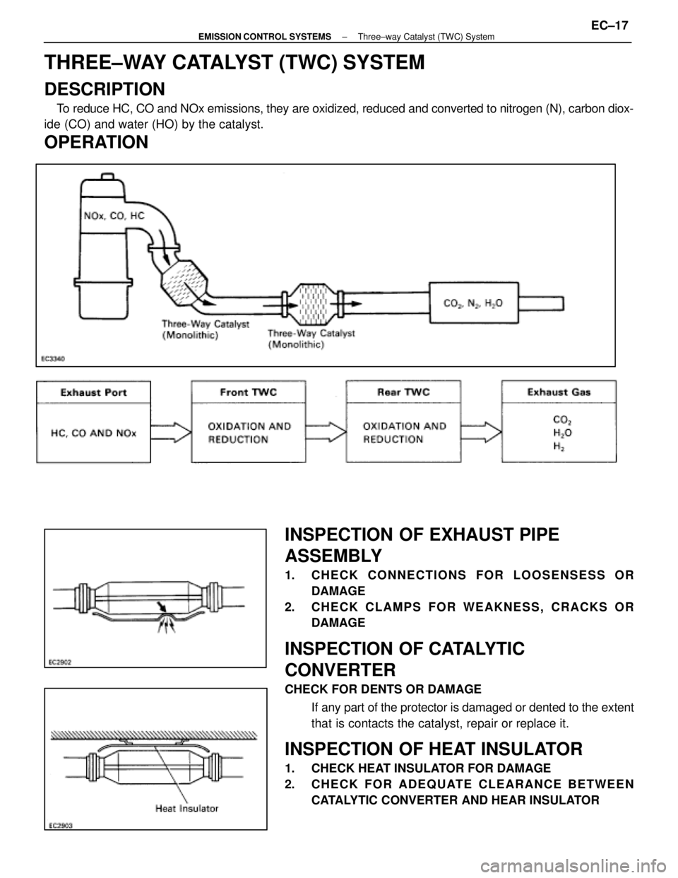LEXUS SC300 1991  Service Repair Manual 
THREE±WAY CATALYST (TWC) SYSTEM
DESCRIPTION
To reduce HC, CO and NOx emissions, they are oxidized, reduced and convert\
ed to nitrogen (N), carbon diox-
ide (CO) and water (HO) by the catalyst.
OPER