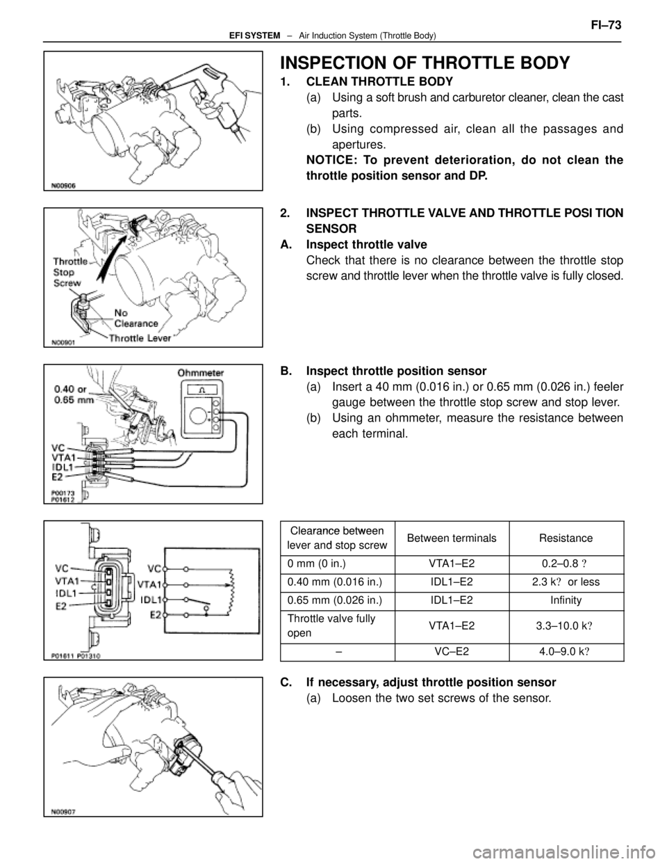 LEXUS SC300 1991 Service Repair Manual
INSPECTION OF THROTTLE BODY
1. CLEAN THROTTLE BODY(a) Using a soft brush and carburetor cleaner, clean the cast
parts.
(b) Using compressed air, clean all the passages and apertures.
NOTICE: To pr LEXUS SC300 1991 Service Repair Manual
INSPECTION OF THROTTLE BODY
1. CLEAN THROTTLE BODY(a) Using a soft brush and carburetor cleaner, clean the cast
parts.
(b) Using compressed air, clean all the passages and apertures.
NOTICE: To pr