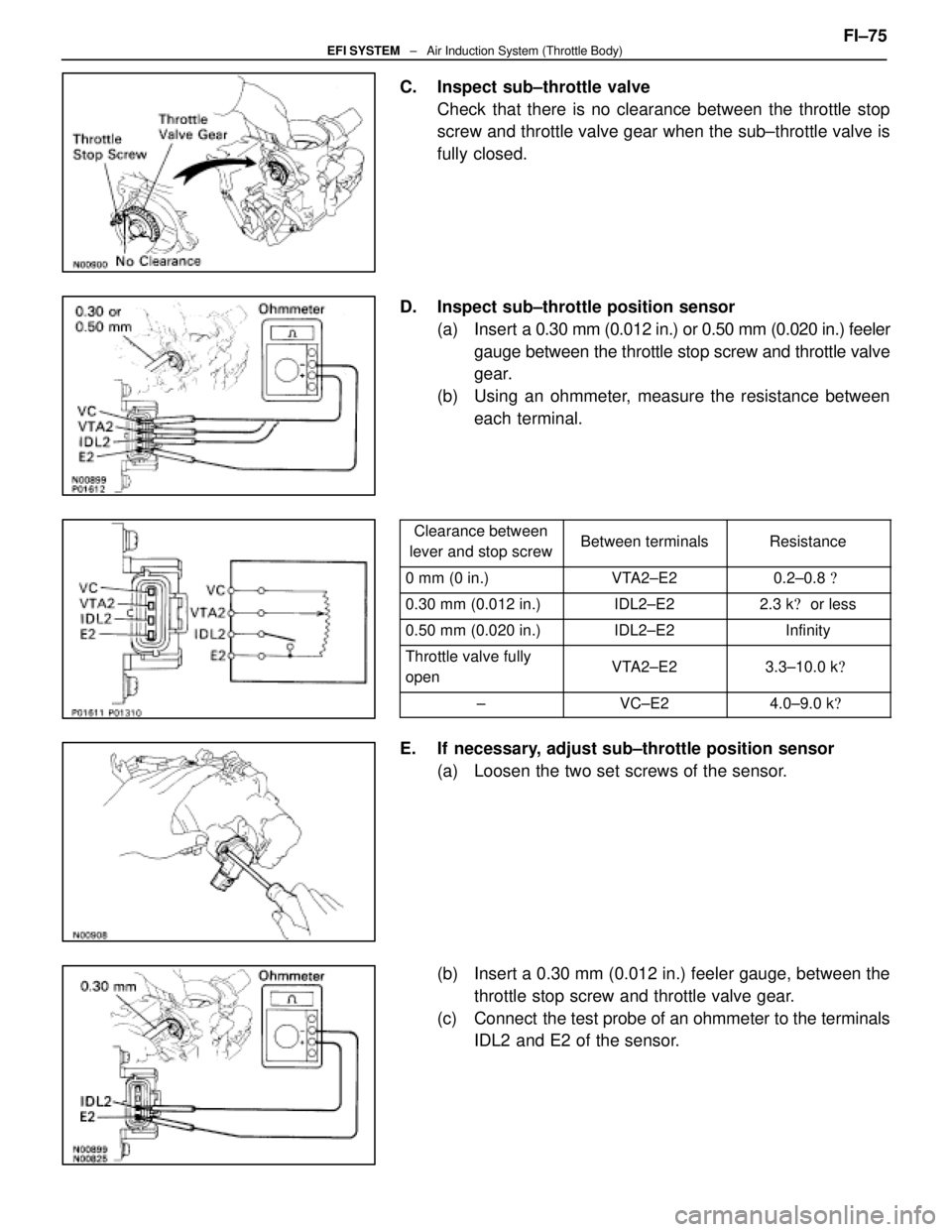 LEXUS SC300 1991 Service Repair Manual
C. Inspect sub±throttle valveCheck that there is no clearance between the throttle stop
screw and throttle valve gear when the sub±throttle valve is
fully closed.
D. Inspect sub±throttle position LEXUS SC300 1991 Service Repair Manual
C. Inspect sub±throttle valveCheck that there is no clearance between the throttle stop
screw and throttle valve gear when the sub±throttle valve is
fully closed.
D. Inspect sub±throttle position