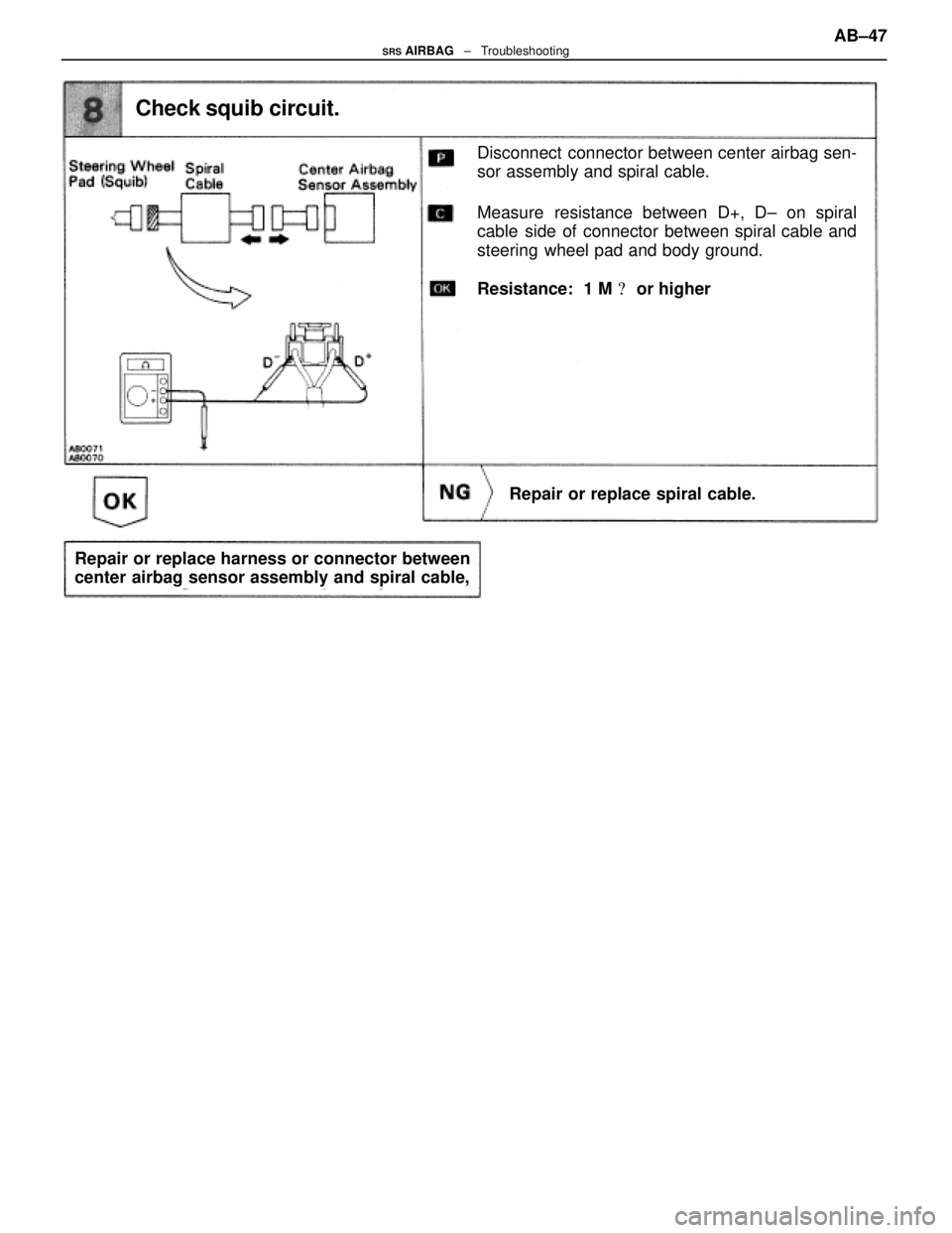 LEXUS SC300 1991 Service Repair Manual
Check squib circuit.
Disconnect connector between center airbag sen-
sor assembly and spiral cable.
Measure resistance between D+, D± on spiral
cable side of connector between spiral cable and
stee LEXUS SC300 1991 Service Repair Manual
Check squib circuit.
Disconnect connector between center airbag sen-
sor assembly and spiral cable.
Measure resistance between D+, D± on spiral
cable side of connector between spiral cable and
stee